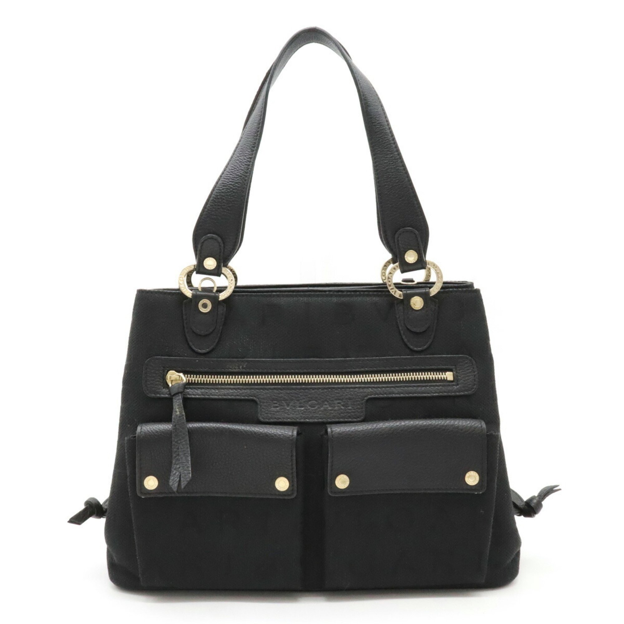 BVLGARI Bulgari Mania Maxillettare Becky Handbag Tote Bag Canvas Leather Black 25173