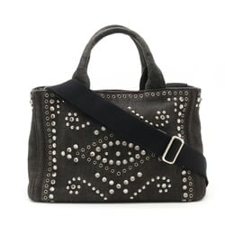 PRADA CANAPA Tote Handbag Shoulder Bag Beads Studs Denim NERO Black BN2439
