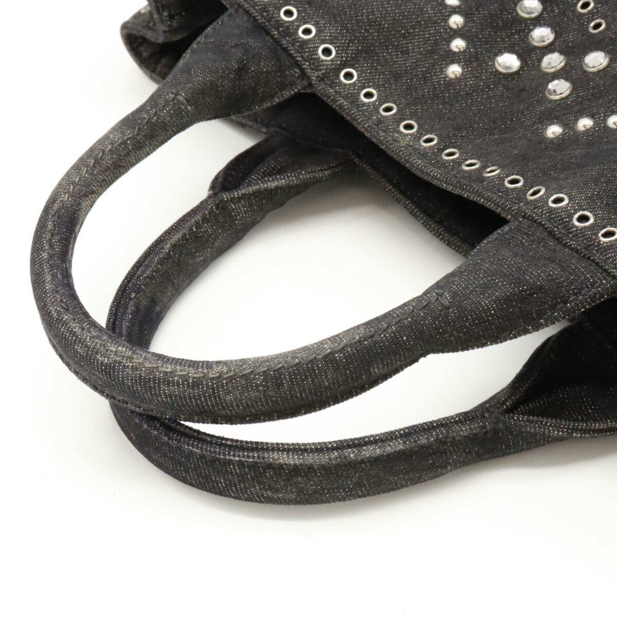 PRADA CANAPA Tote Handbag Shoulder Bag Beads Studs Denim NERO Black BN2439