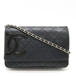 CHANEL Cambon Line Chain Wallet Shoulder Bag Clutch Leather Enamel Black 6646