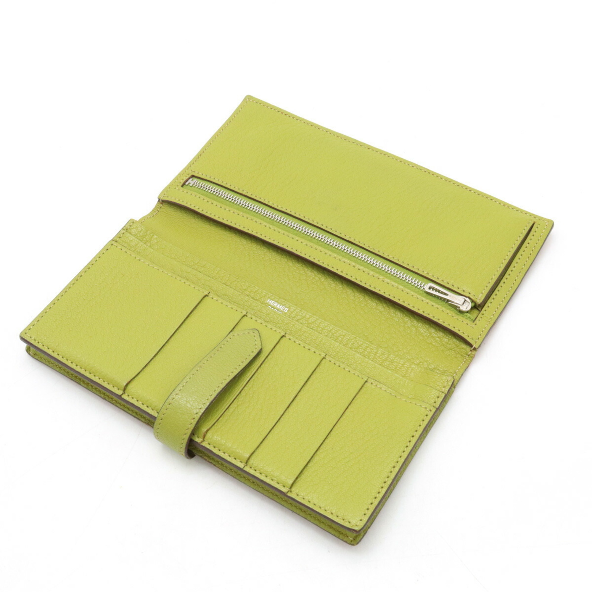 HERMES Bearn Soufflet Bi-fold Long Wallet Bi-color Leather Terracotta Anise Green □M Stamp