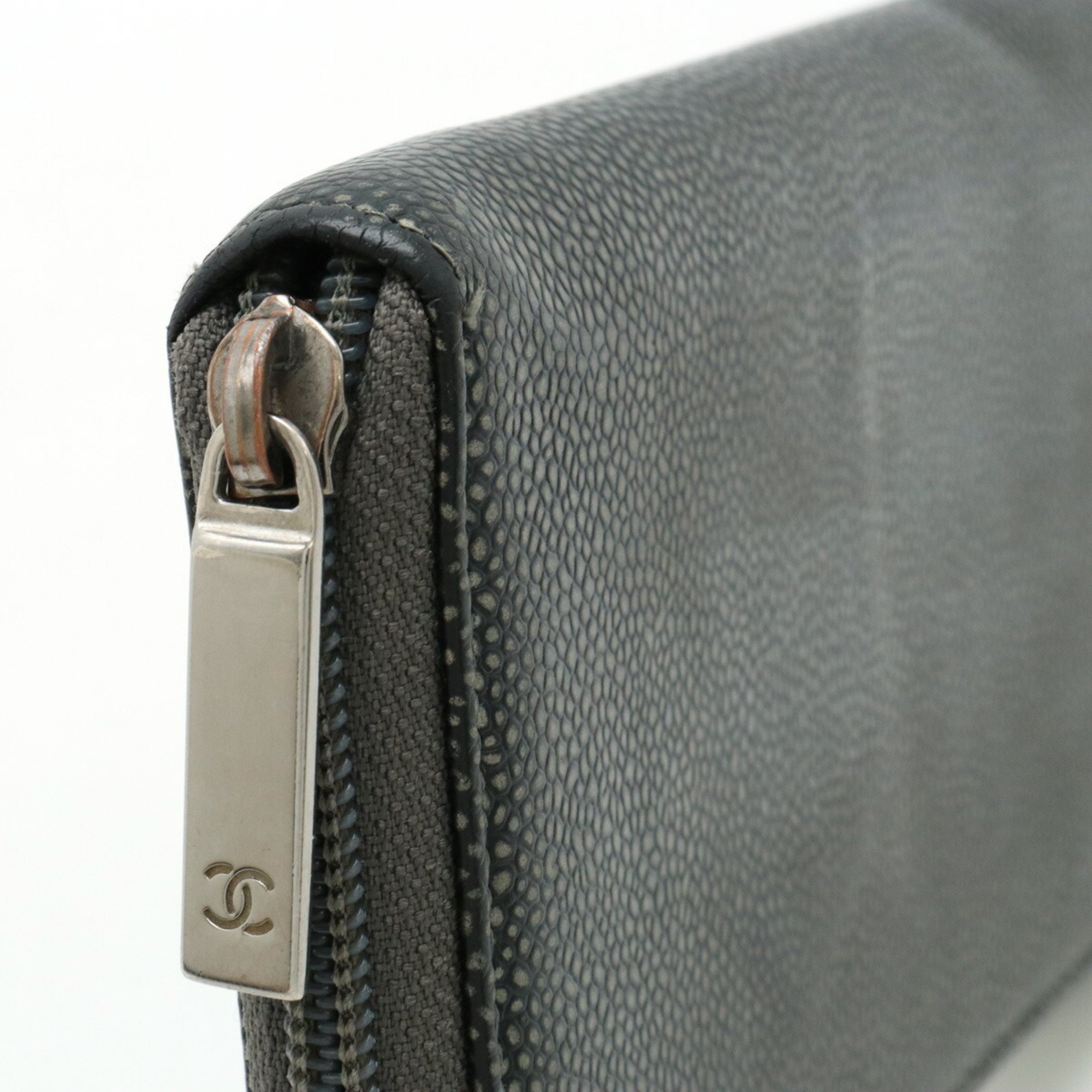 CHANEL Coco Mark Round Long Wallet Caviar Skin Leather Metallic Gray A50071