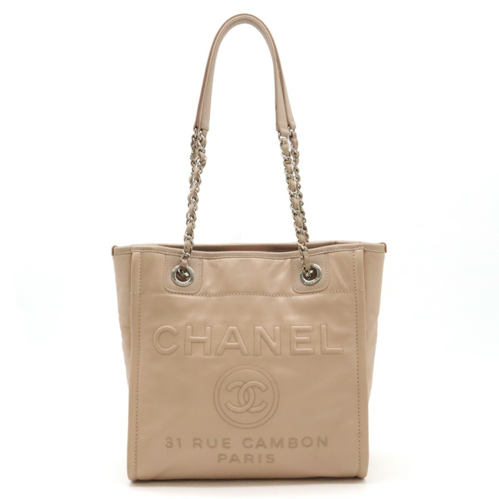 CHANEL Deauville Chain Shoulder Tote Bag Calf Leather Pink Beige A93256