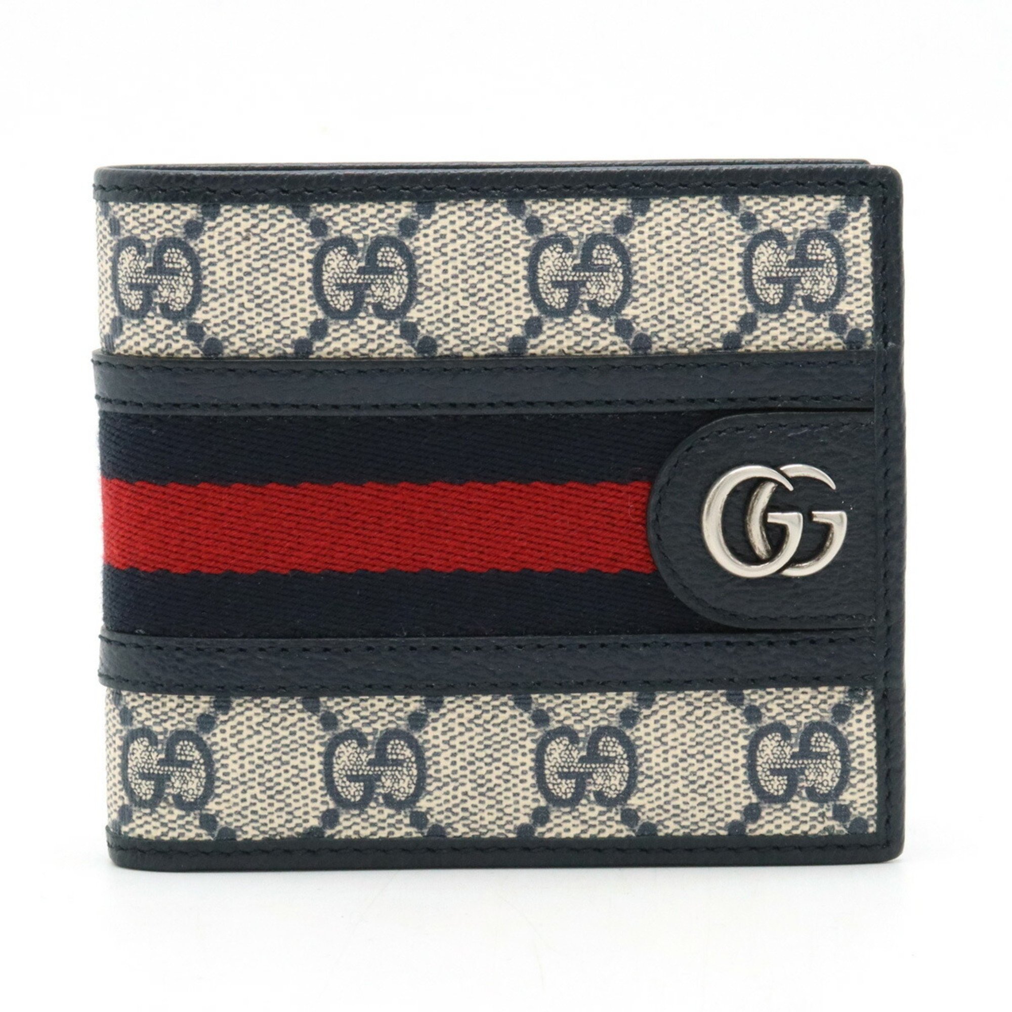 GUCCI GG Supreme Ophidia Sherry Line Bi-fold Wallet PVC Navy Ivory Red 597609