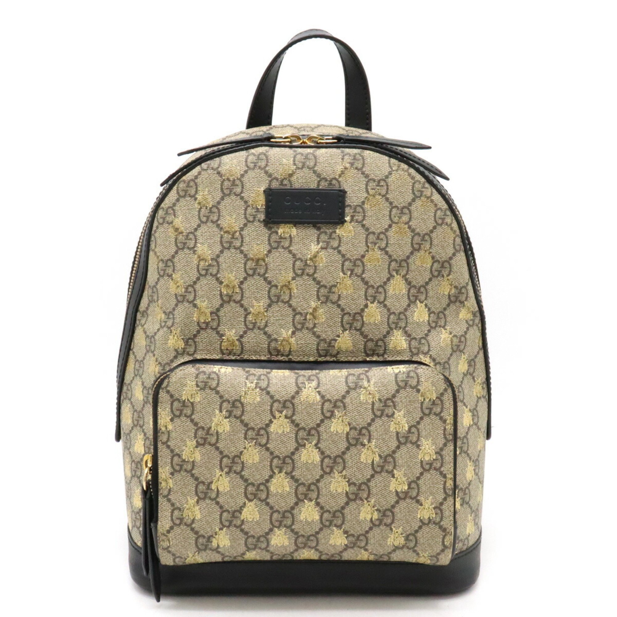 GUCCI GG Supreme Bee Backpack PVC Leather Beige Black Gold 427042
