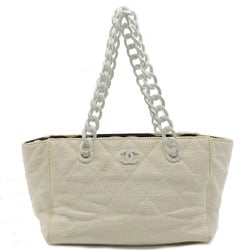 CHANEL Chanel Matelasse Coco Mark Tote Bag Shoulder Plastic Chain Straw Leather White