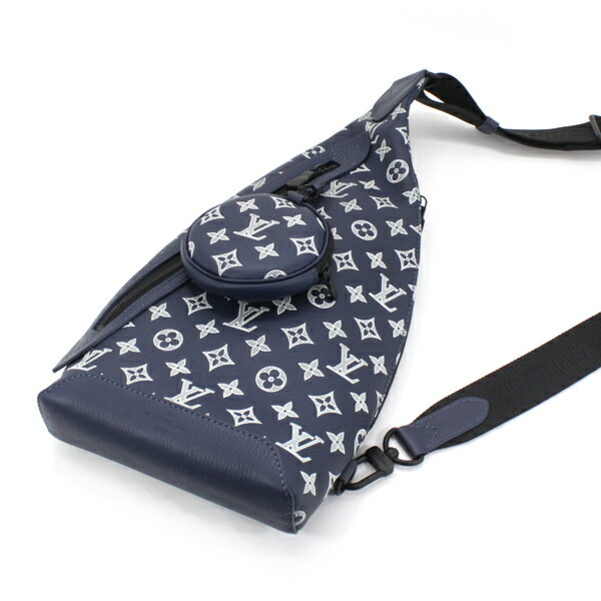 Louis Vuitton Body Bag Duo Sling Navy Leather Shoulder Men's Monogram Shadow M24751