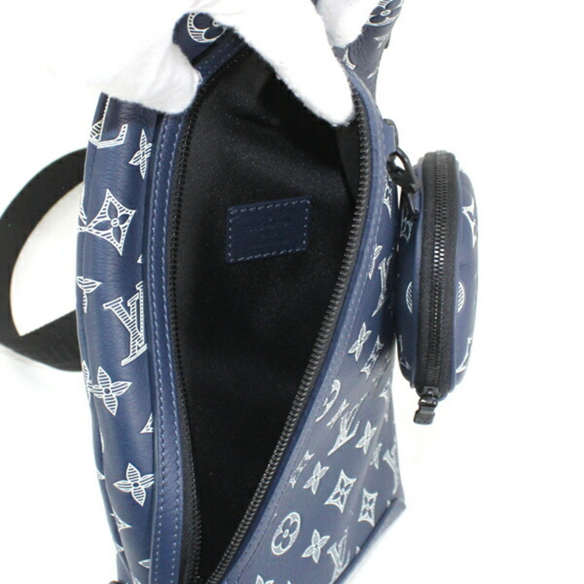 Louis Vuitton Body Bag Duo Sling Navy Leather Shoulder Men's Monogram Shadow M24751