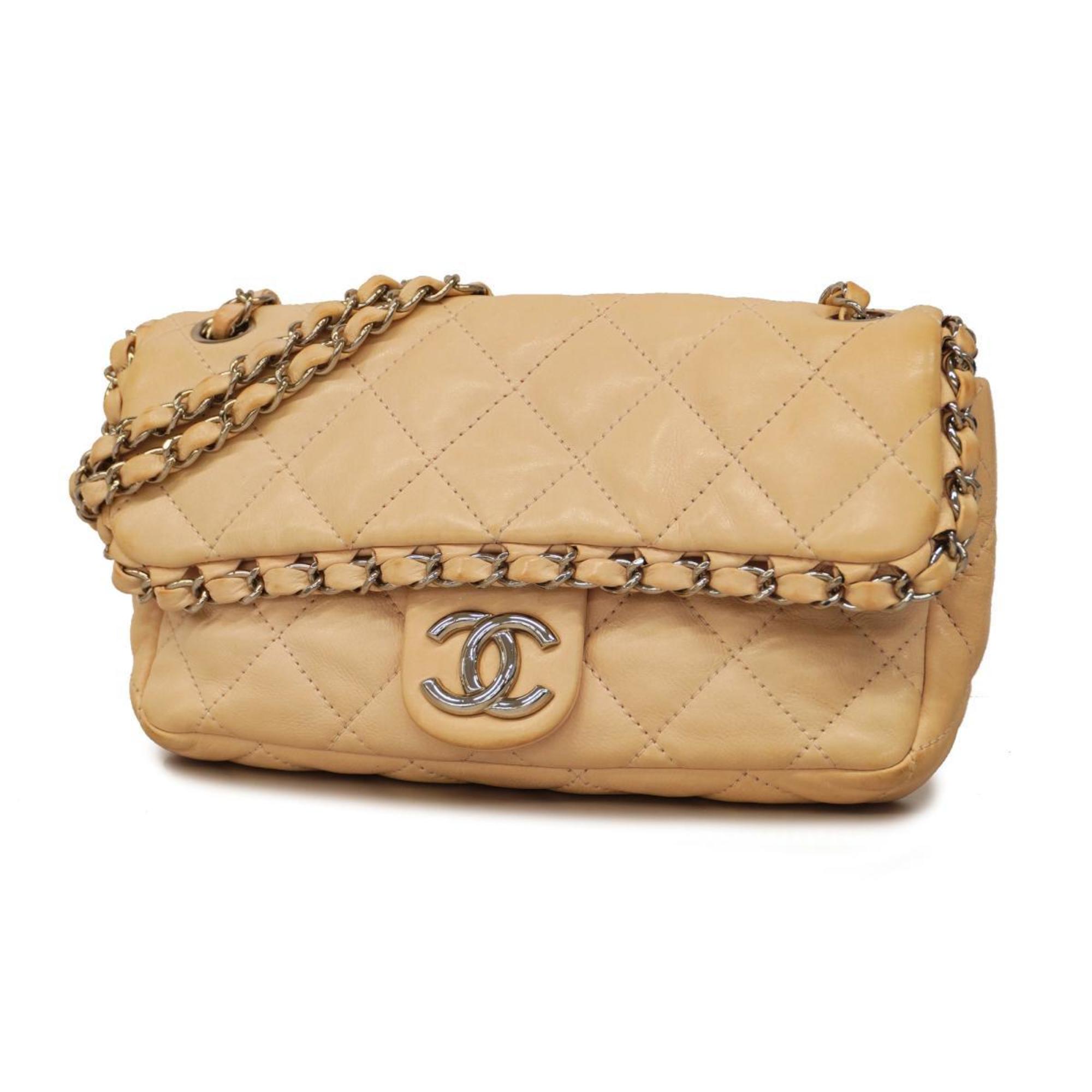 Chanel Shoulder Bag Matelasse W Chain Lambskin Beige Women's