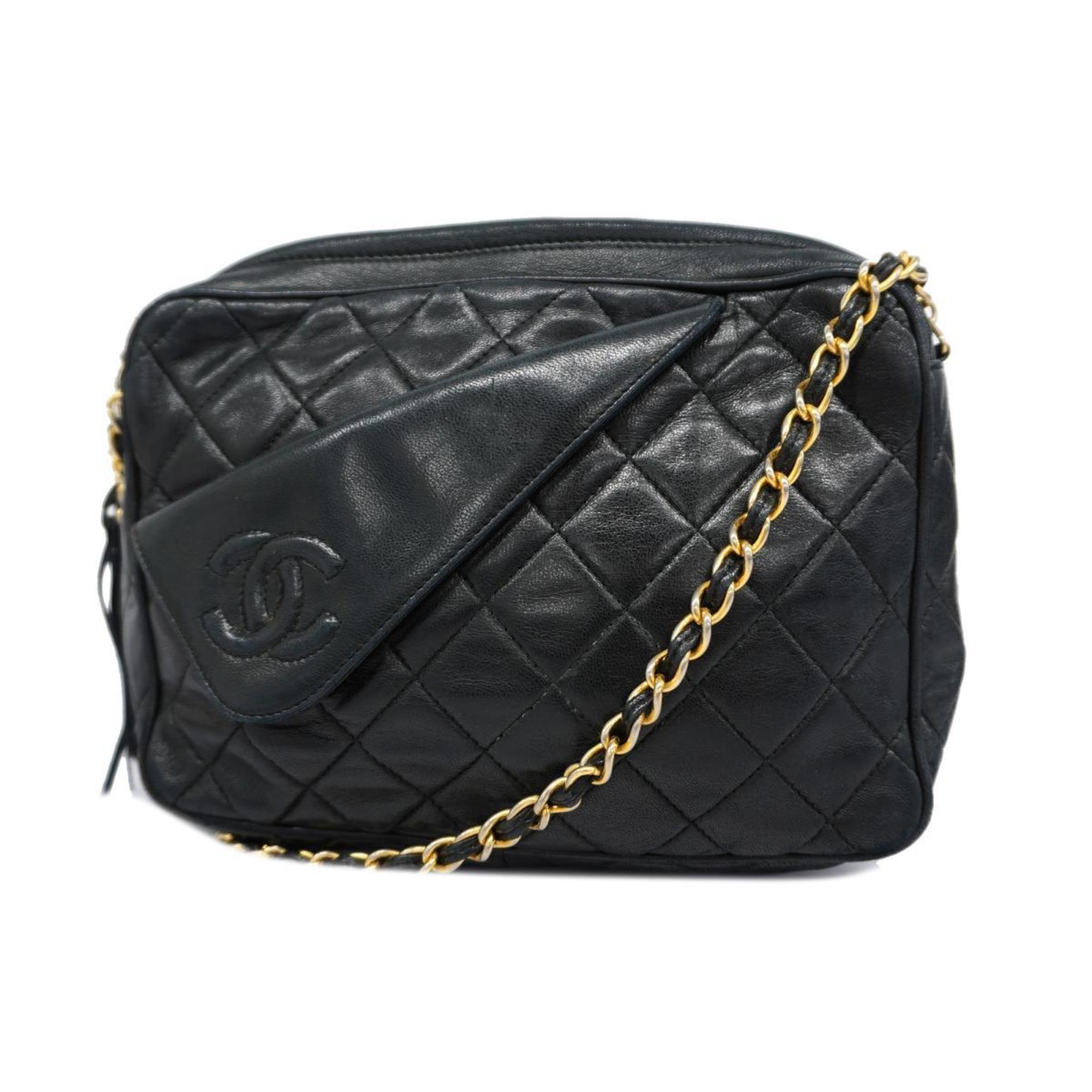 Chanel Shoulder Bag with Matelasse Chain Lambskin Black Women's