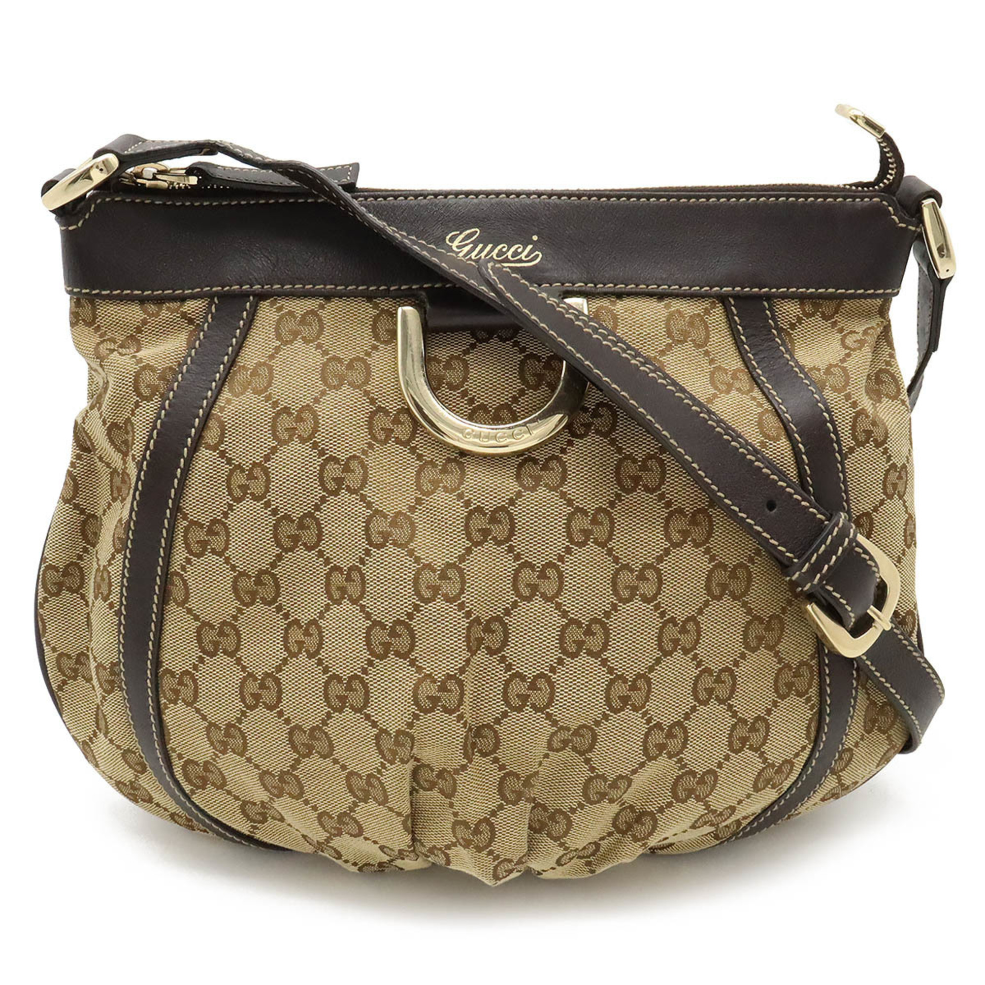 GUCCI GG Canvas Abby Shoulder Bag Leather Khaki Beige Dark Brown 203257