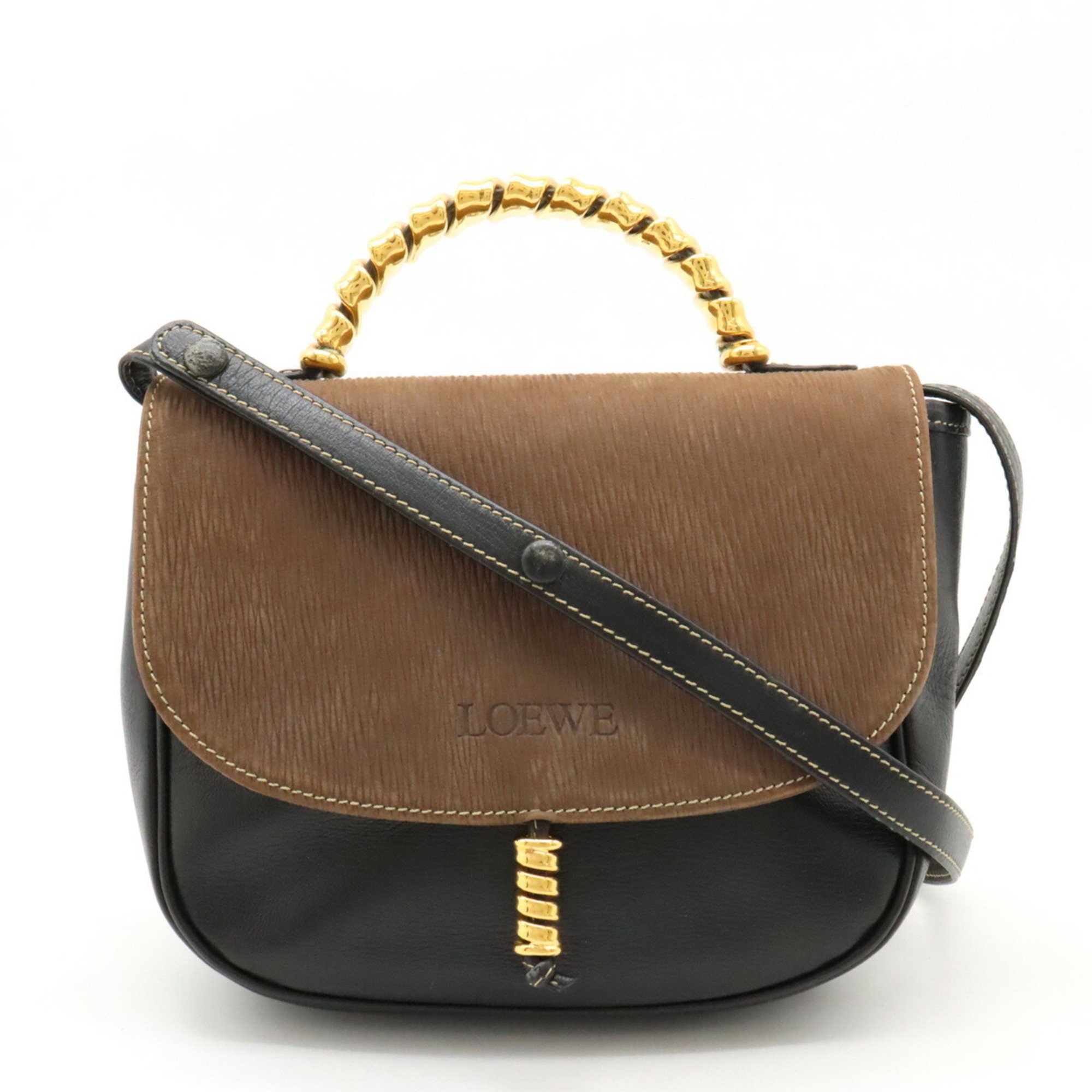 LOEWE Velazquez Twist Handbag Shoulder Bag Bicolor Leather Nubuck Brown Black