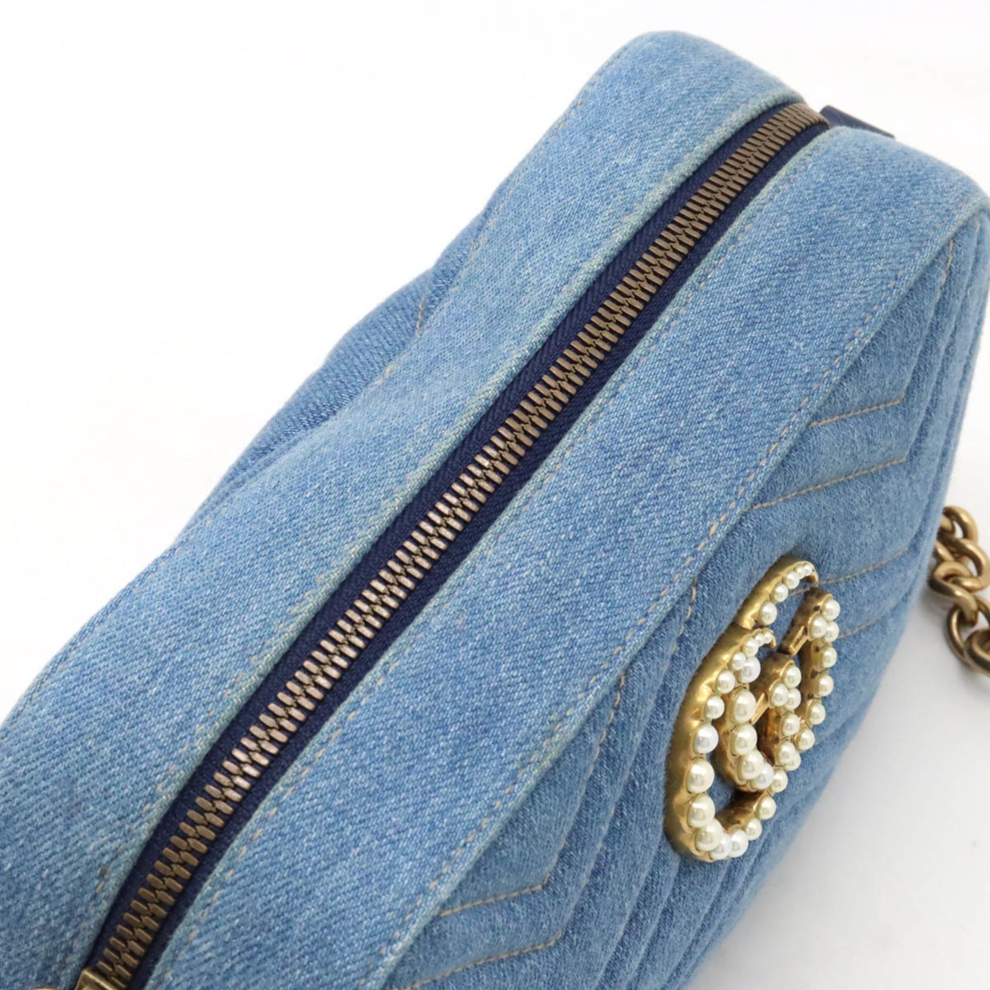 GUCCI GG Marmont Shoulder Bag Pochette Chain Denim Faux Pearl Blue 447632