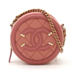 CHANEL CC Filigree Coco Mark Round Chain Shoulder Bag Caviar Skin Leather Pink AP0365