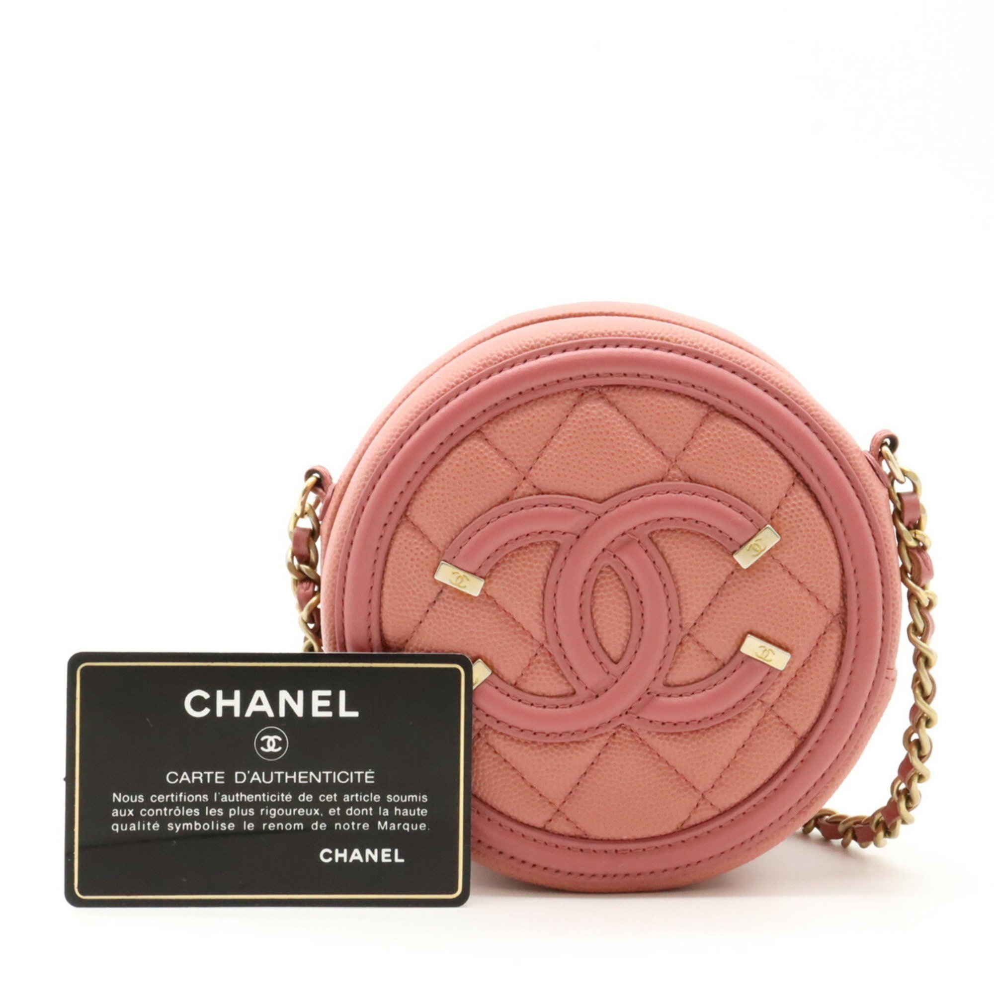 CHANEL CC Filigree Coco Mark Round Chain Shoulder Bag Caviar Skin Leather Pink AP0365