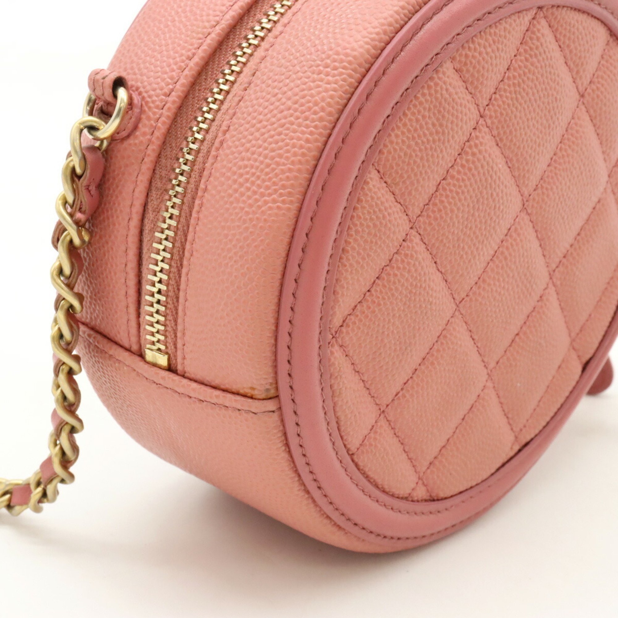 CHANEL CC Filigree Coco Mark Round Chain Shoulder Bag Caviar Skin Leather Pink AP0365