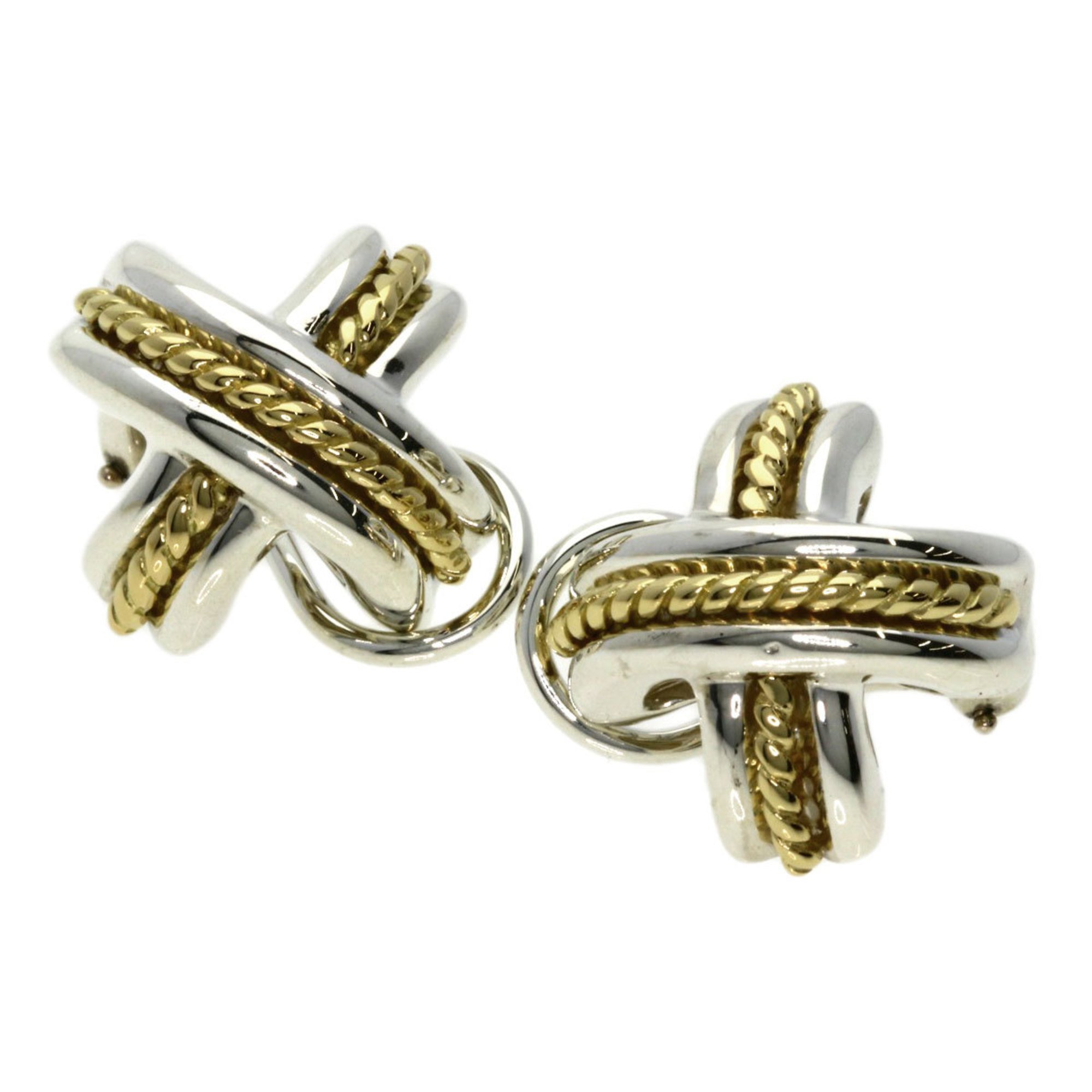 Tiffany Signature Cross Stitch Earrings, Silver, K18YG, Women's