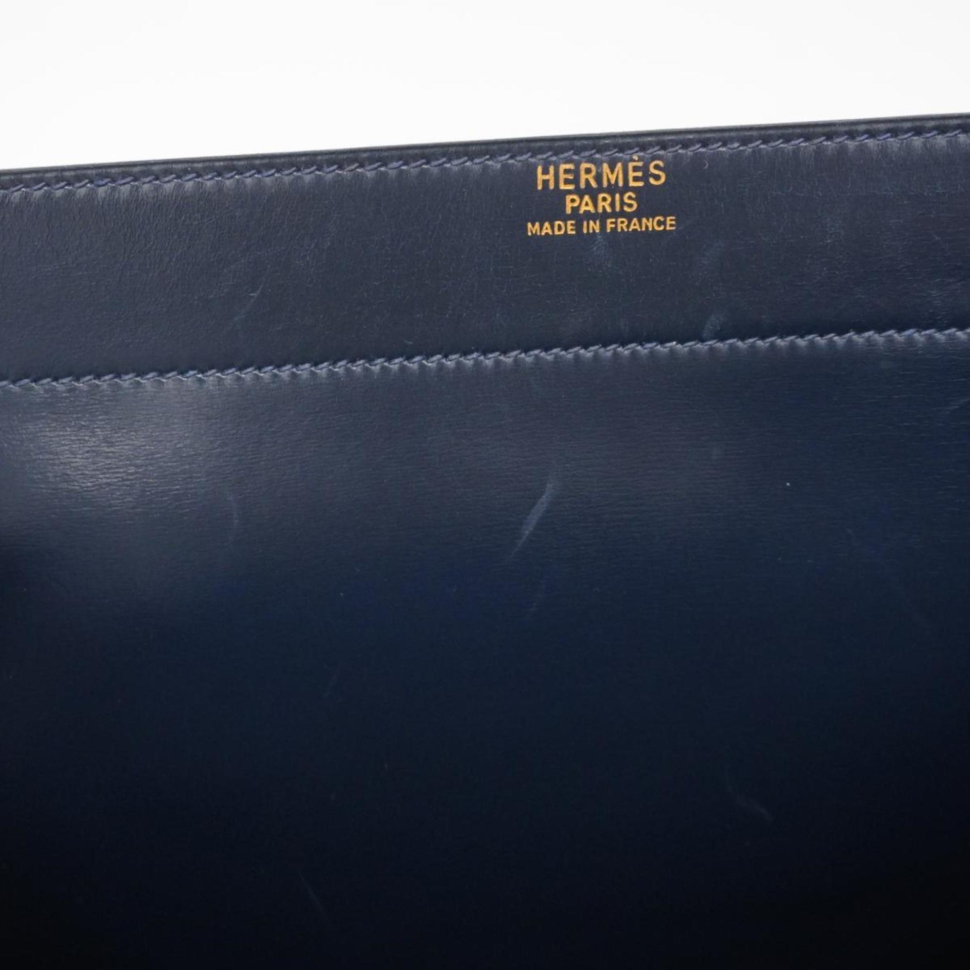 Hermes Clutch Bag Fako 〇J Stamp Box Calf Navy Men's Women's