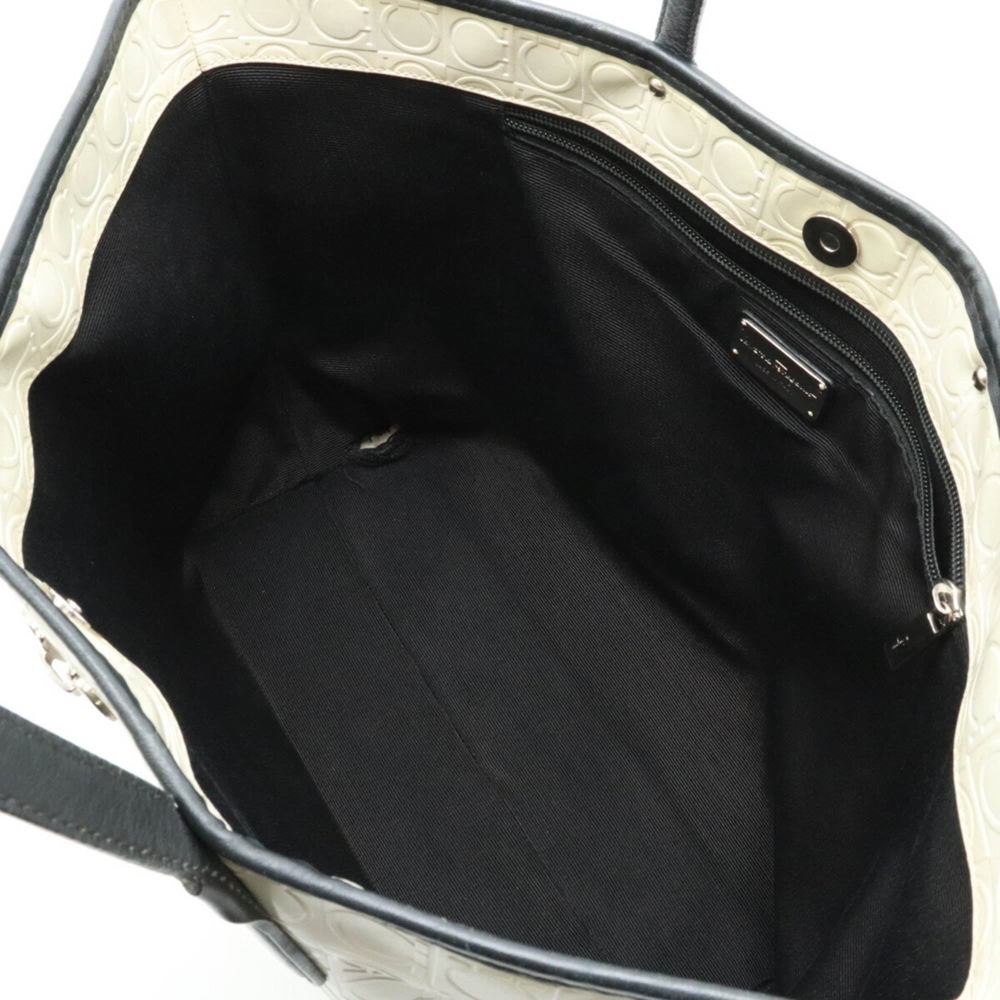 Salvatore Ferragamo Gancini Tote Bag Shoulder PVC Leather Light Beige Black