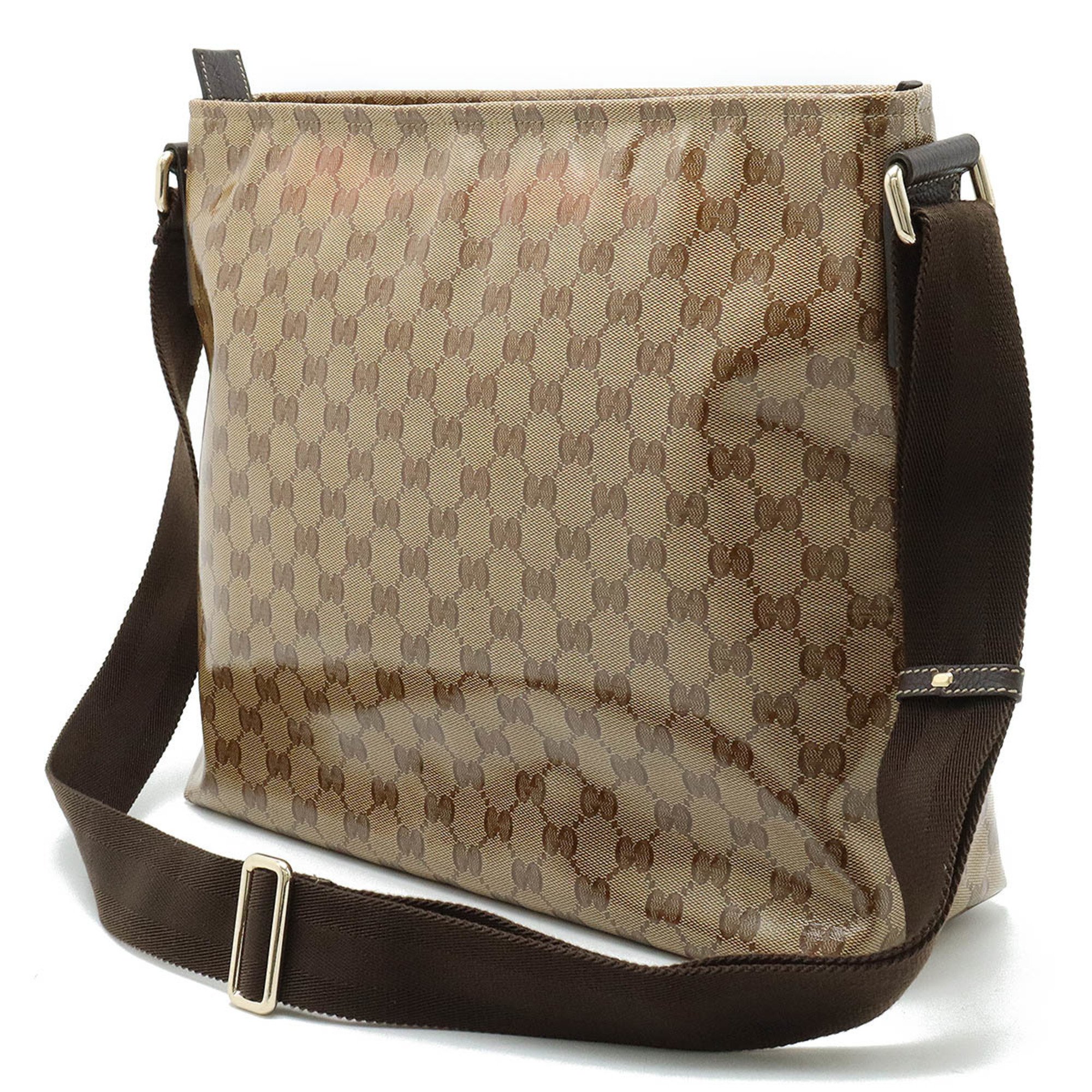 GUCCI GG Crystal Shoulder Bag Coated Canvas Leather Beige Dark Brown 339569
