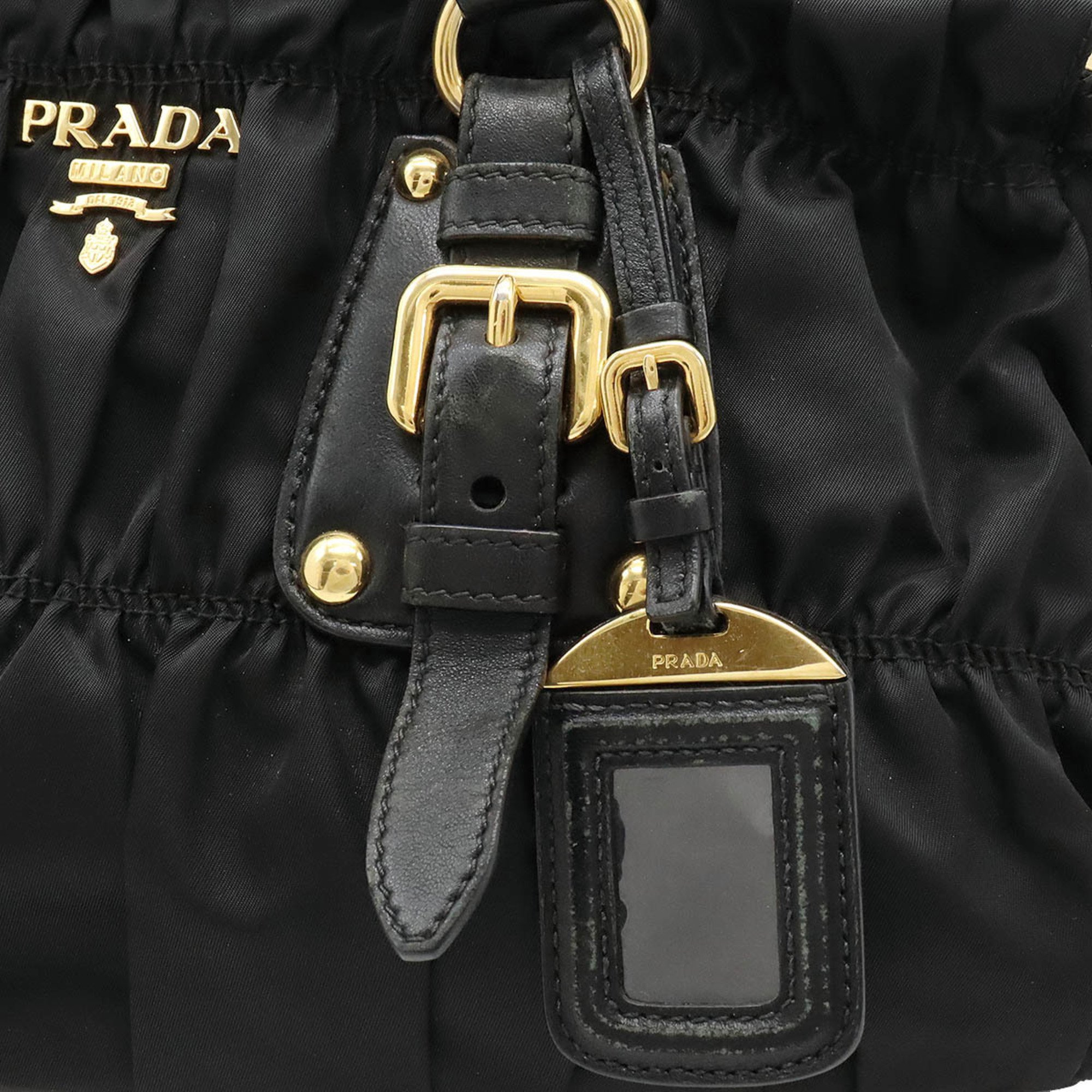 PRADA Gathered Handbag Tote Bag Nylon NERO Black BN1407