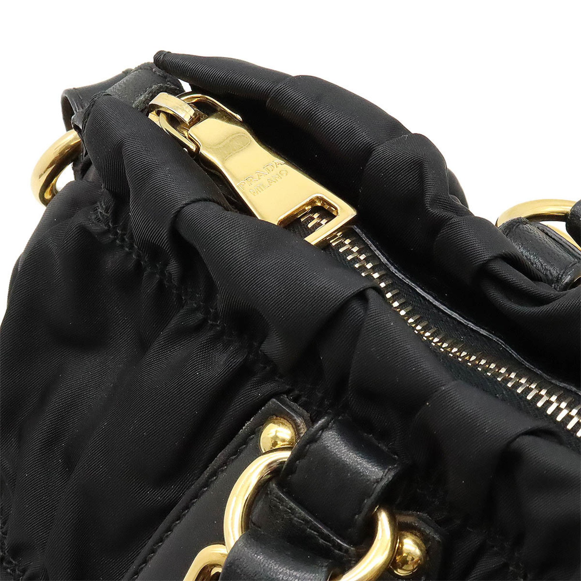 PRADA Gathered Handbag Tote Bag Nylon NERO Black BN1407