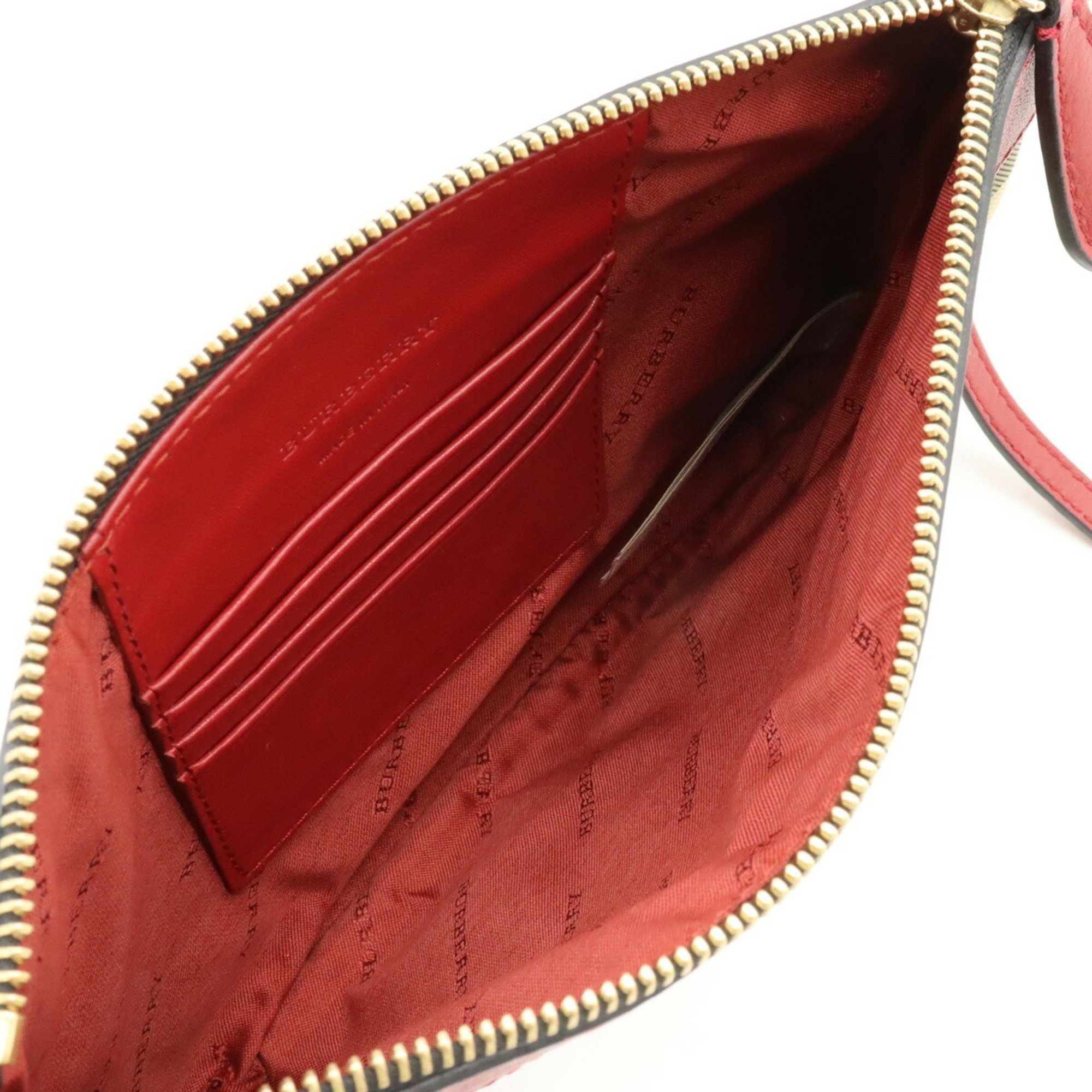 BURBERRY Nova Check Shoulder Bag Pochette Clutch Nylon Canvas Leather Beige Red