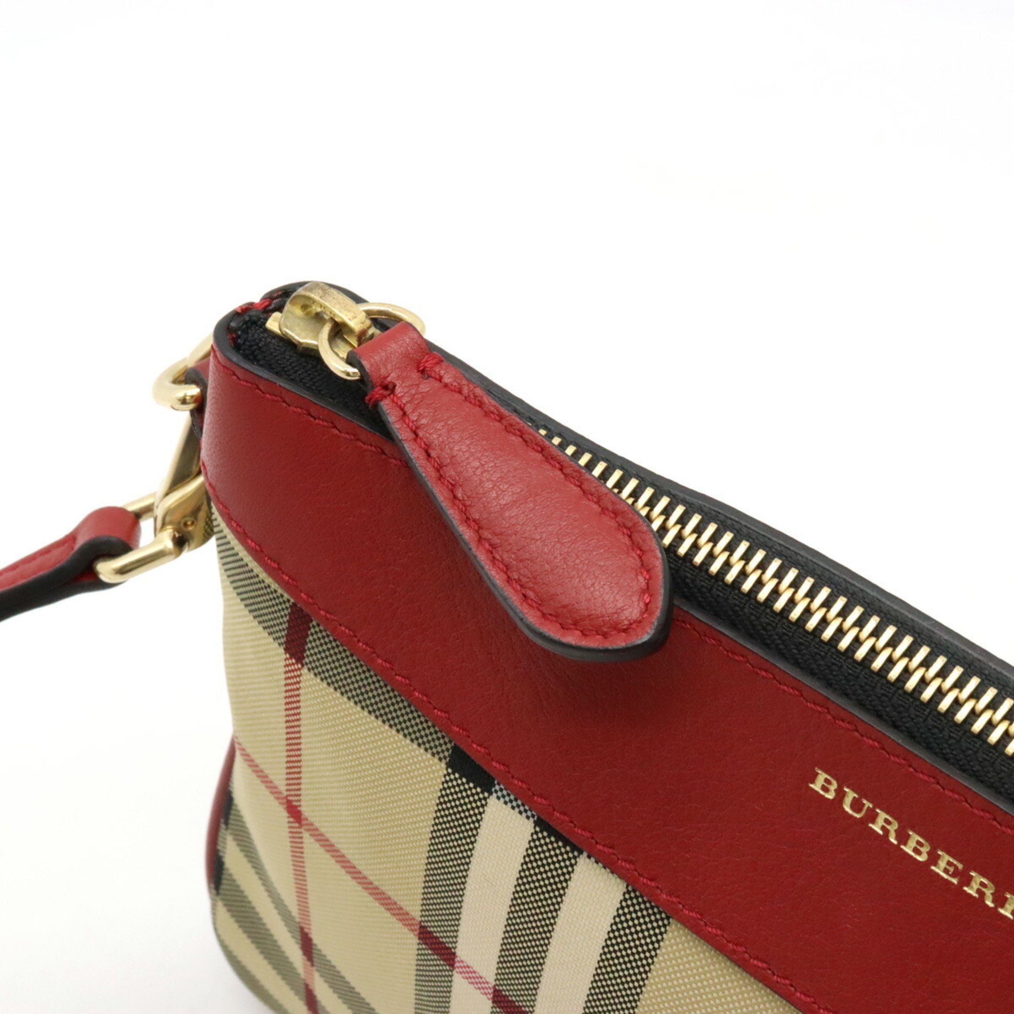 BURBERRY Nova Check Shoulder Bag Pochette Clutch Nylon Canvas Leather Beige Red