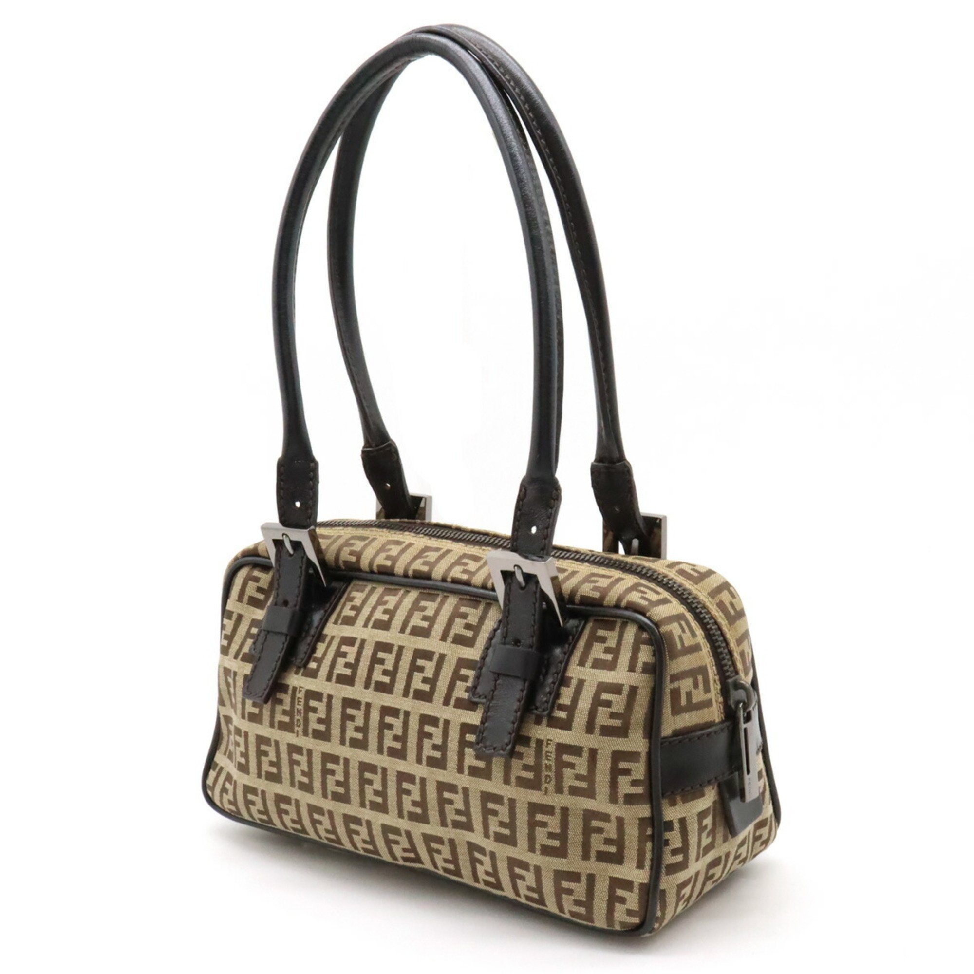 FENDI Zucchino pattern handbag shoulder bag canvas leather beige dark brown 8BN004