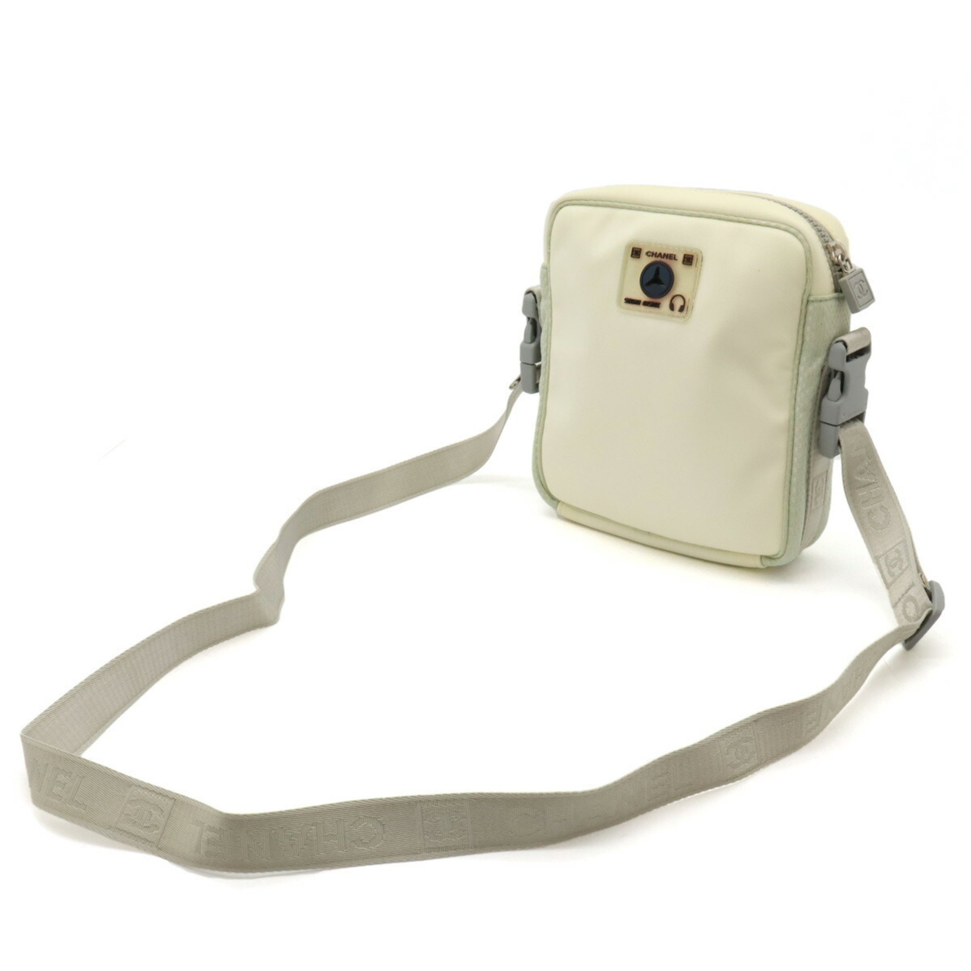 CHANEL Sport Line Camellia Shoulder Bag Pochette Nylon Canvas Ivory White Blue Grey