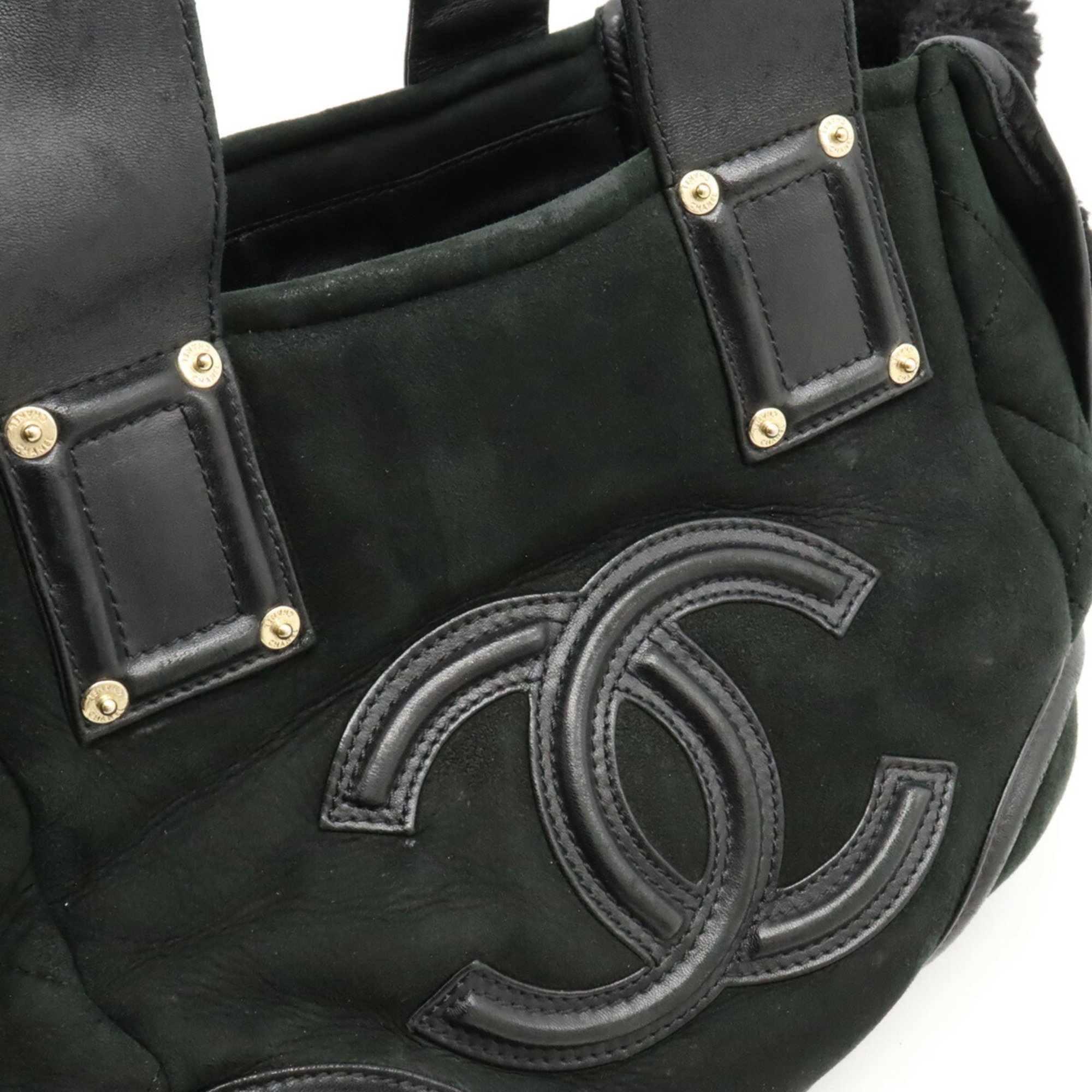 CHANEL Coco Mark Handbag Tote Bag Mouton Leather Boa Black