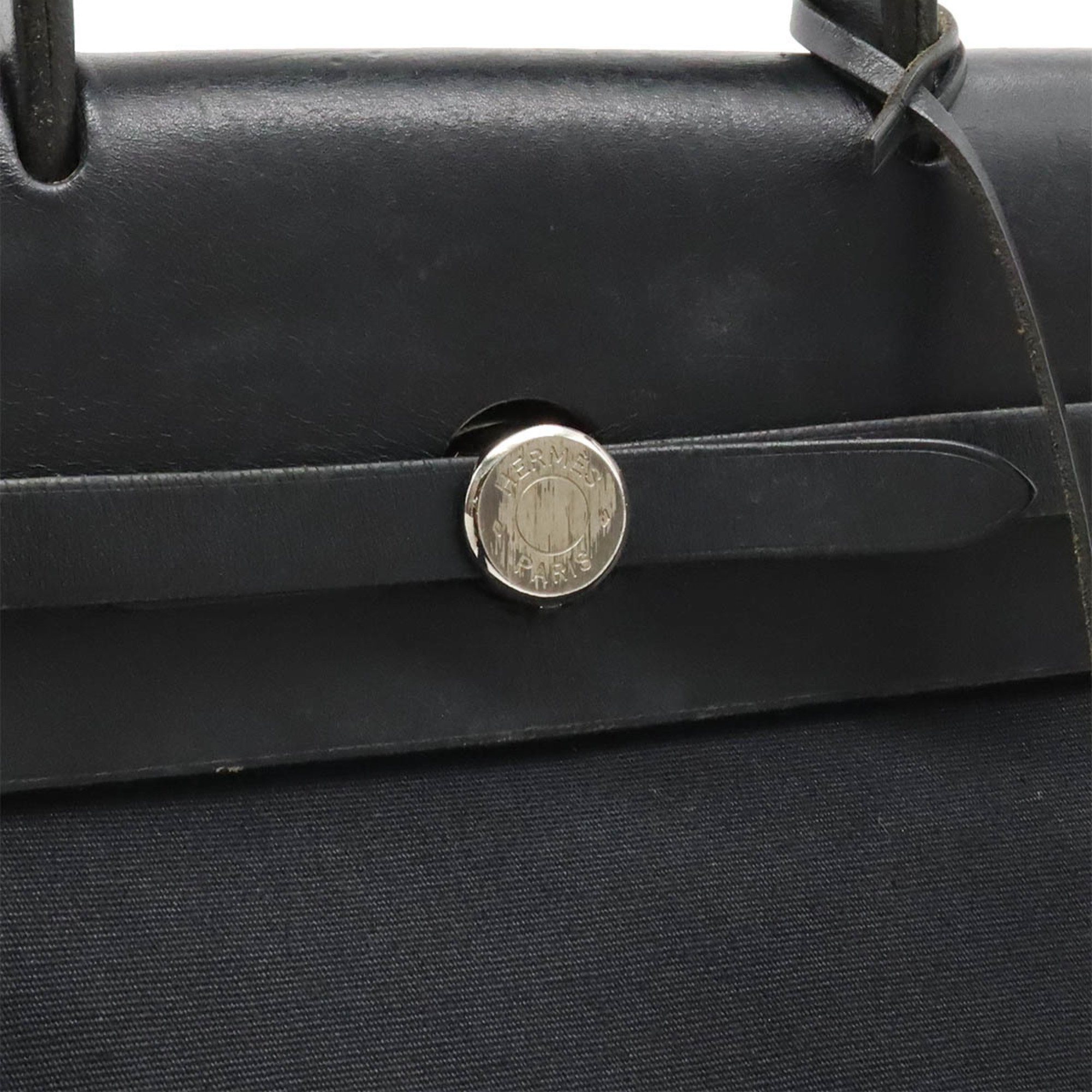 HERMES Hermes Airbag Ad PM Rucksack Backpack Handbag Toile Officier Leather Black G Stamp