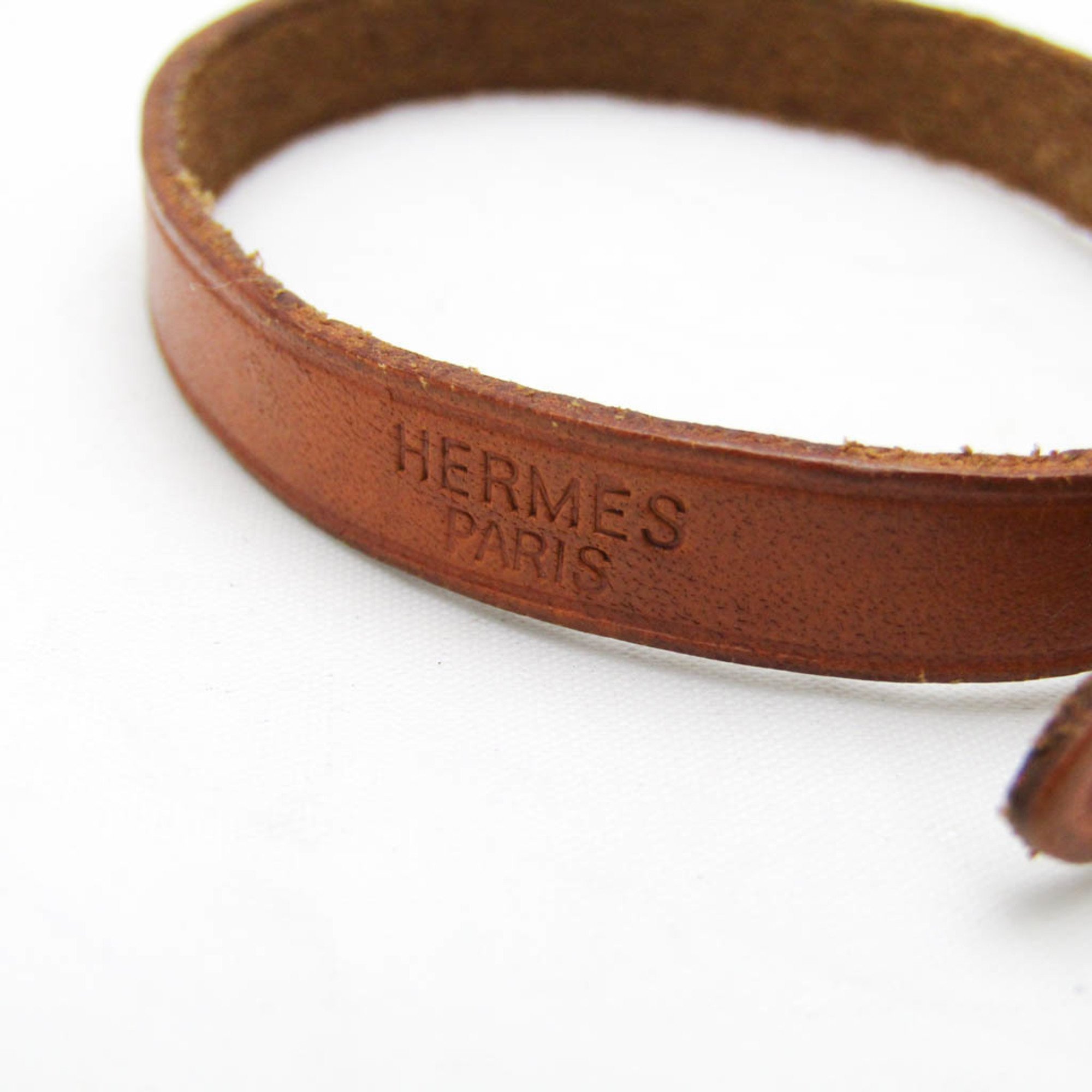 Hermes Api Leather,Metal Bangle Brown,Silver