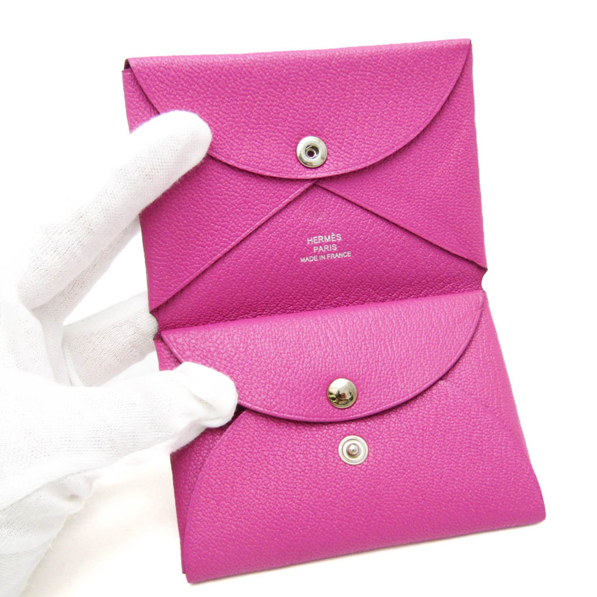 Hermes Calvi Duo Chevre Leather Card Case Fuchsia