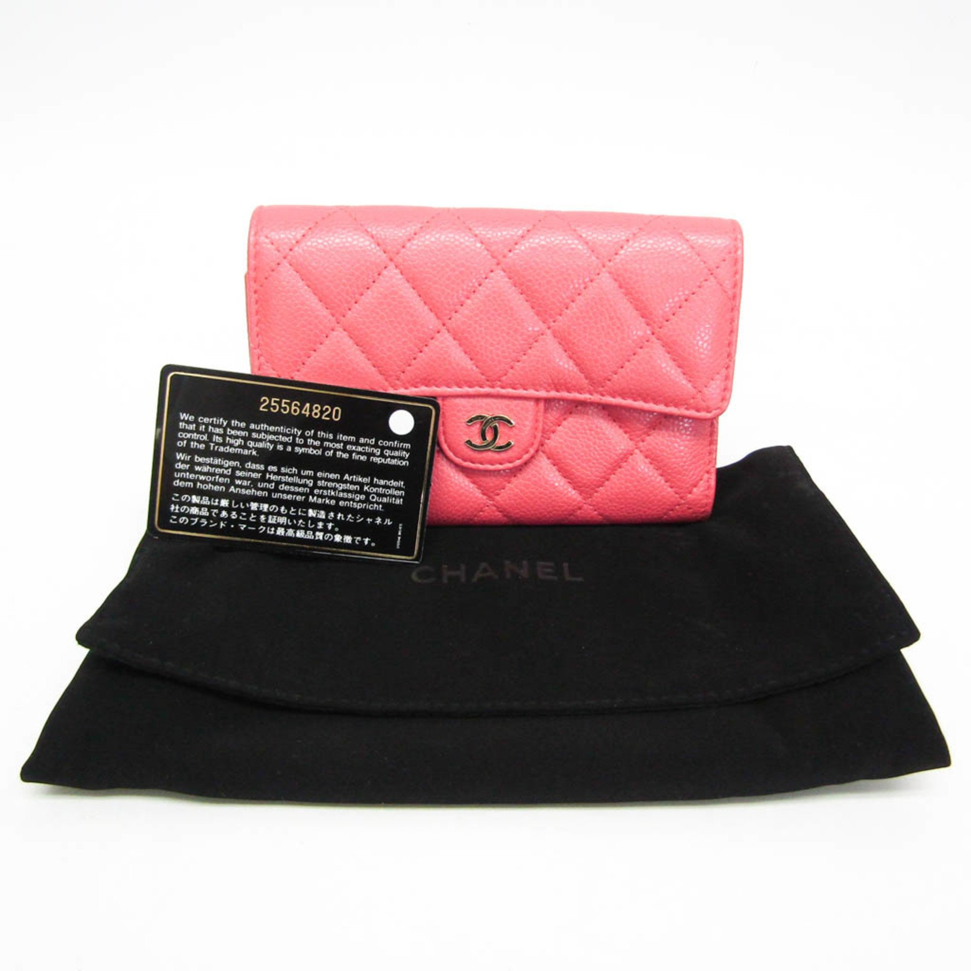 Chanel Matelasse Women's Caviar Leather Middle Wallet (tri-fold) Pink