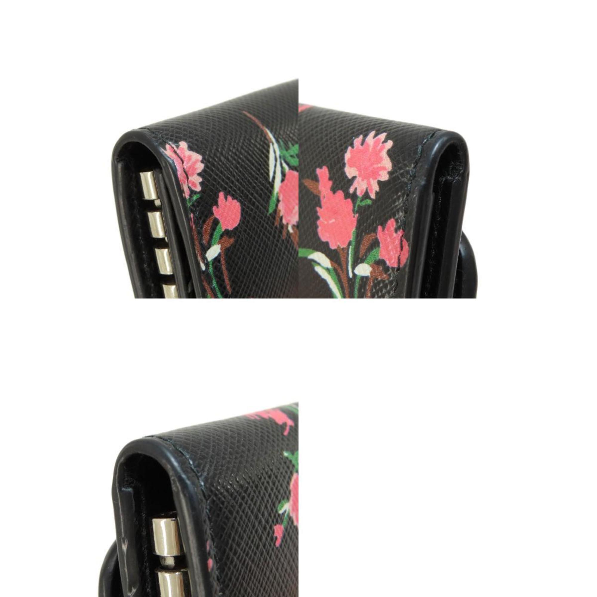 Prada 1PG222 Flower Motif Saffiano Key Case Leather Women's