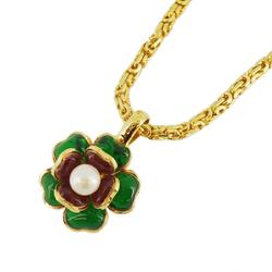 Chanel Necklace Flower Motif Fake Pearl GP Plated Gold Green Red 98P Women's
