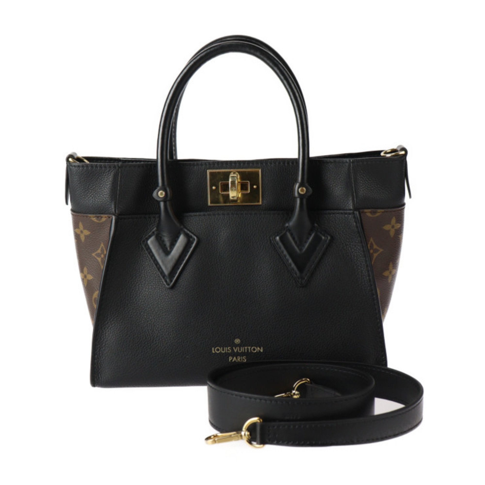 LOUIS VUITTON On My Side PM Handbag M57728 Monogram Canvas Calf Leather Brown Black Shoulder Bag Turn Lock