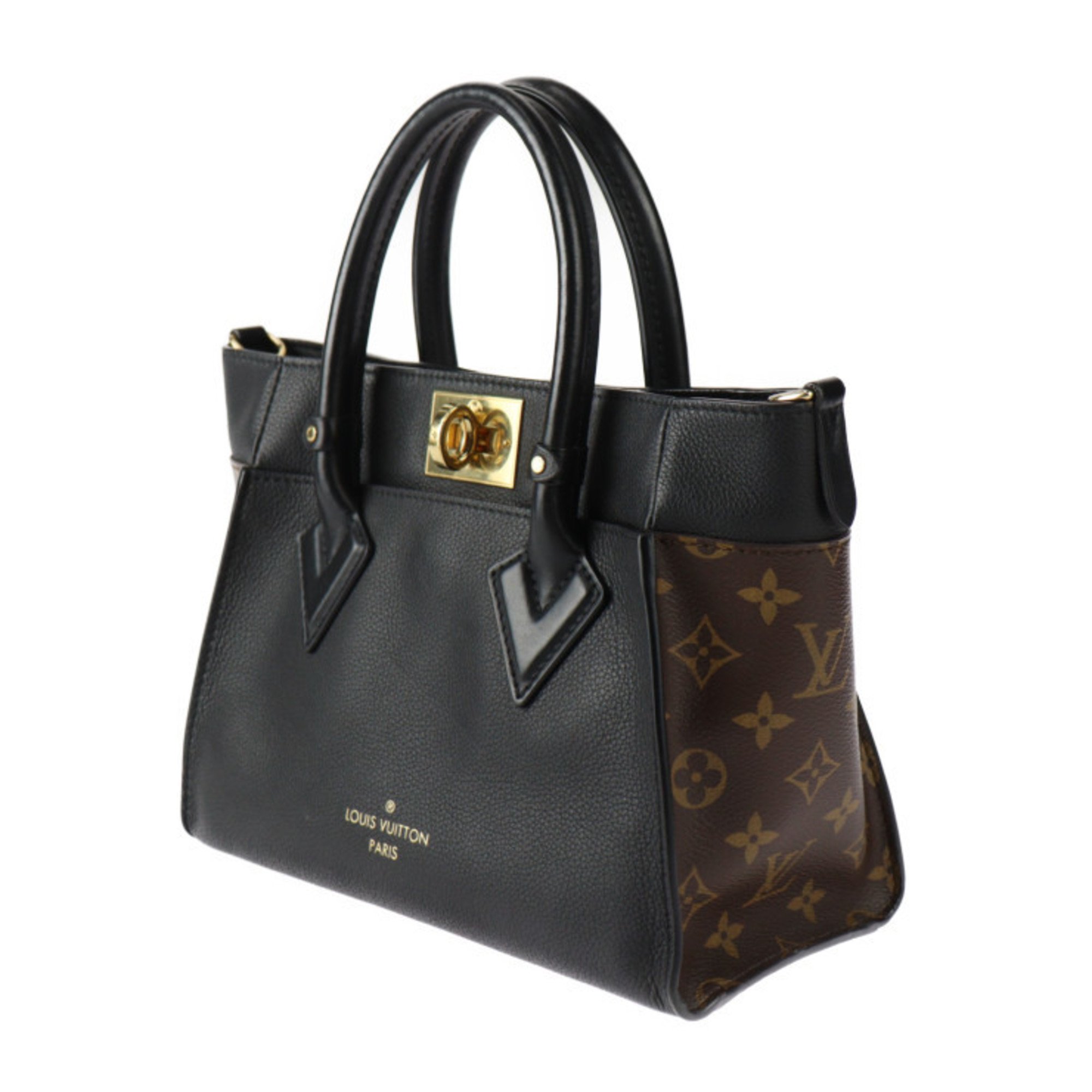 LOUIS VUITTON On My Side PM Handbag M57728 Monogram Canvas Calf Leather Brown Black Shoulder Bag Turn Lock