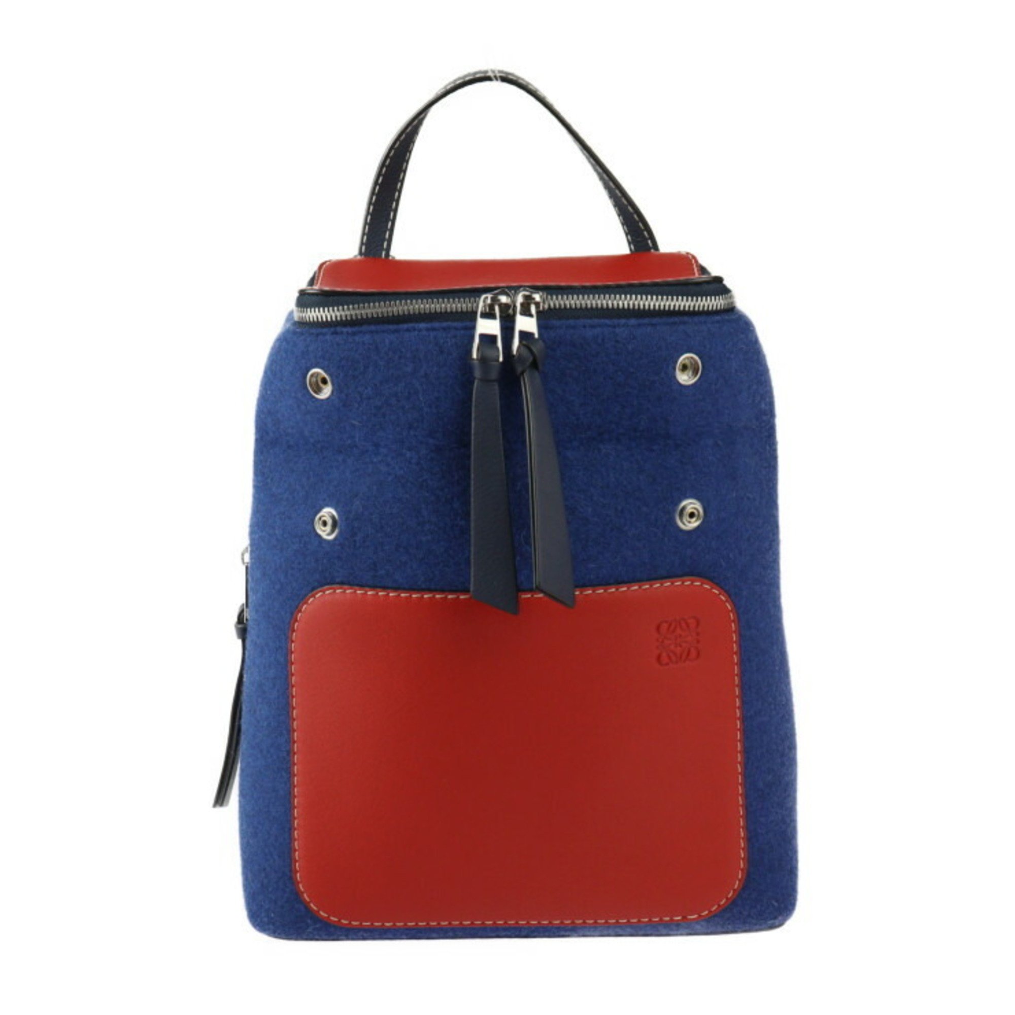 LOEWE Goya Small Backpack Rucksack/Daypack Calf Leather x Felt Navy Red Blue Anagram