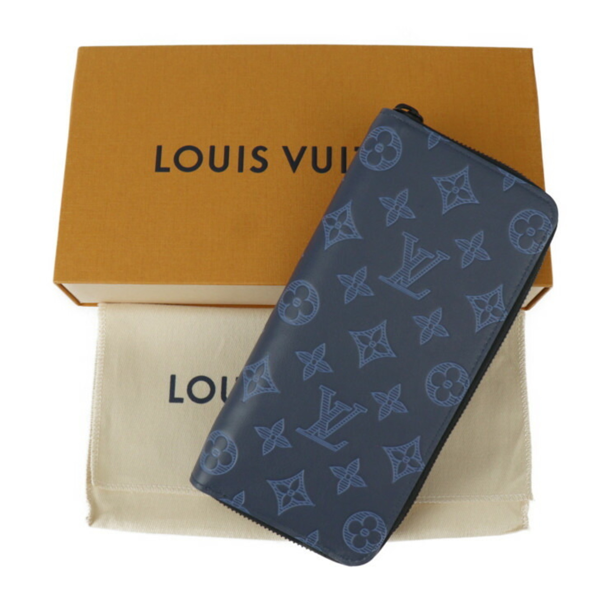 LOUIS VUITTON Louis Vuitton Zippy Wallet Vertical Monogram Shadow Long M82322 Calf Leather Blue Black Round Bi-fold