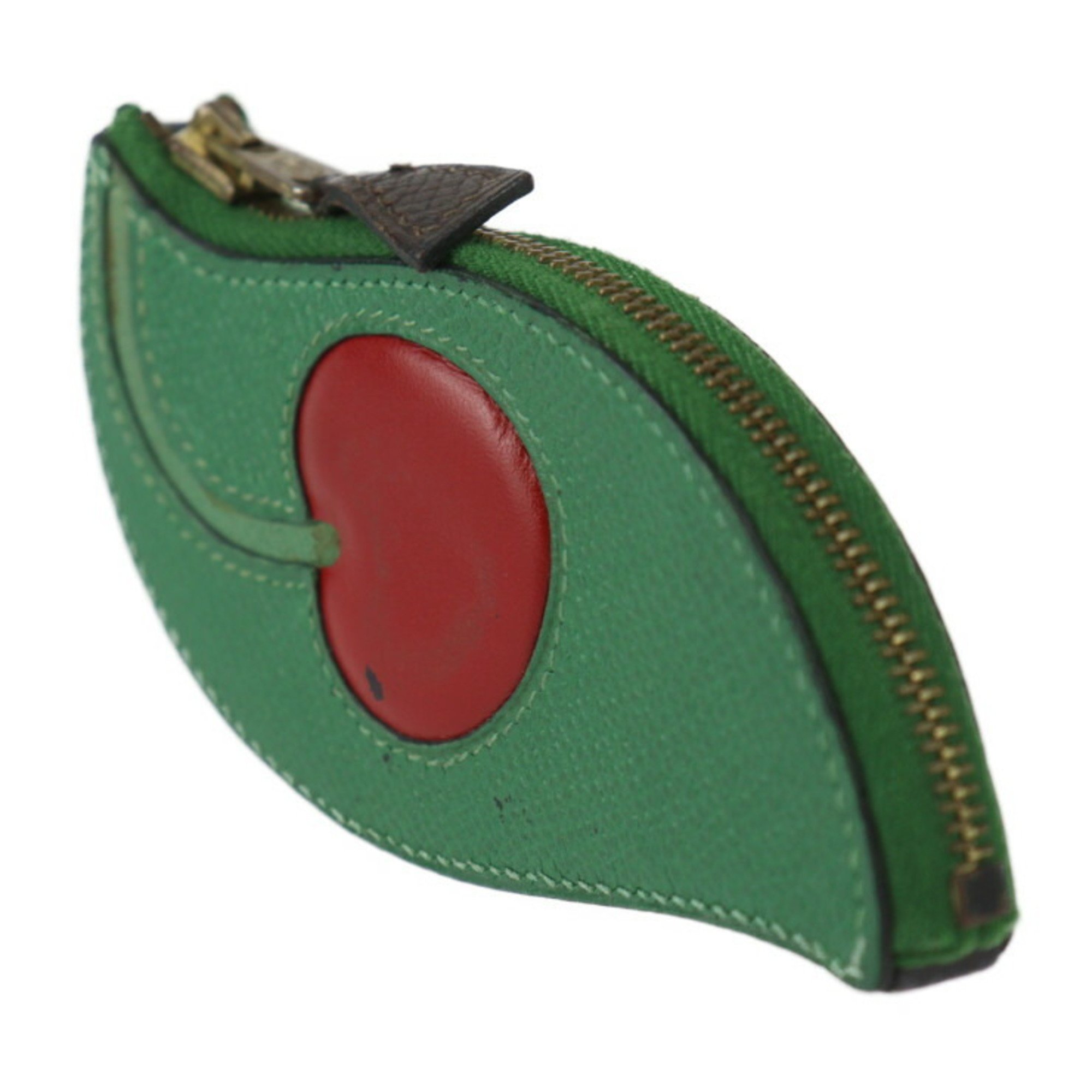 HERMES Tutti Frutti Cherry Wallet/Coin Case Cushvel Green Red Coin Purse 〇Z Stamp