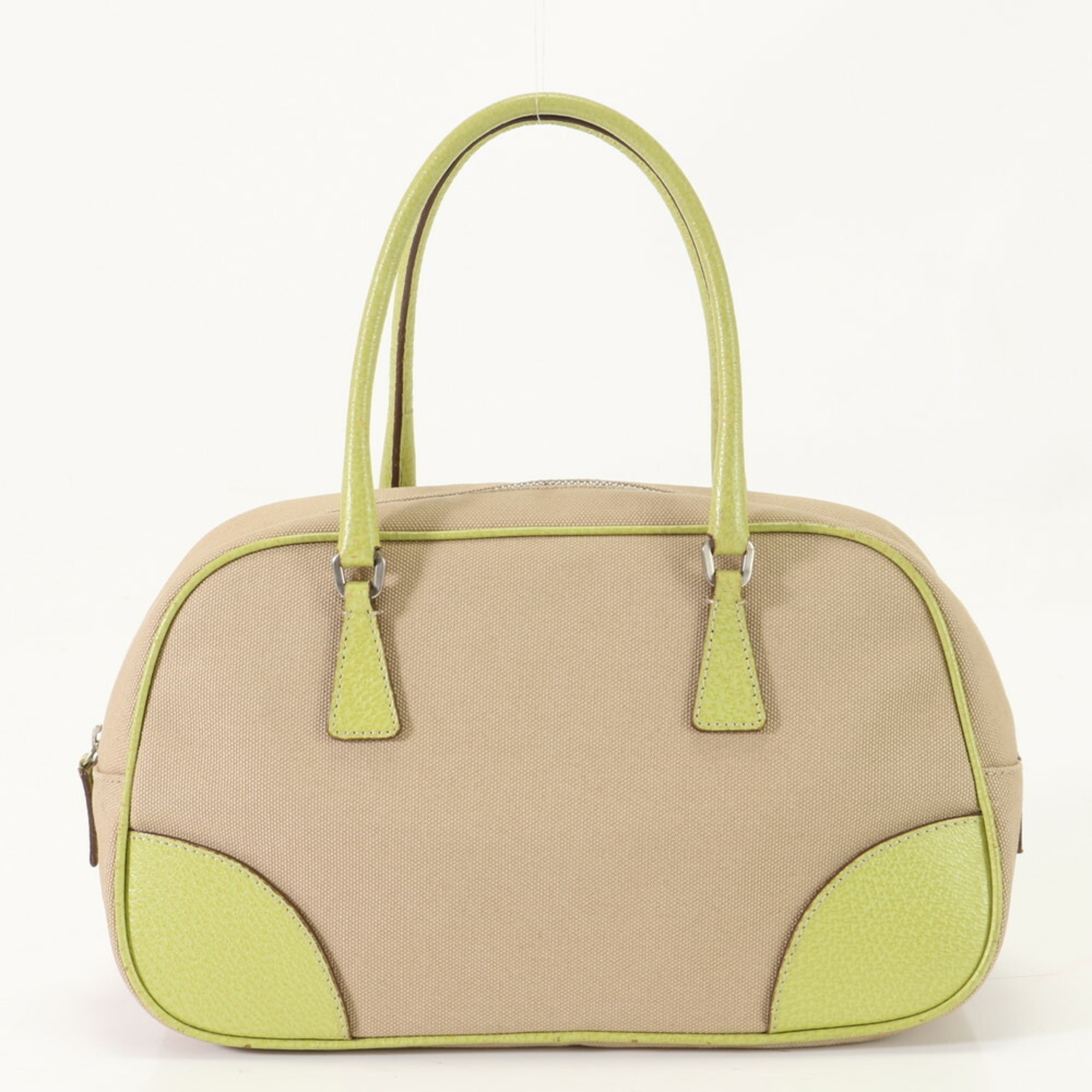 Prada Boston Leather Canvas Handbag Tote Bag Beige Green Yellow Women's