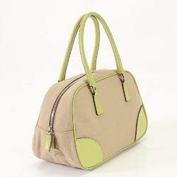 Prada Boston Leather Canvas Handbag Tote Bag Beige Green Yellow Women's