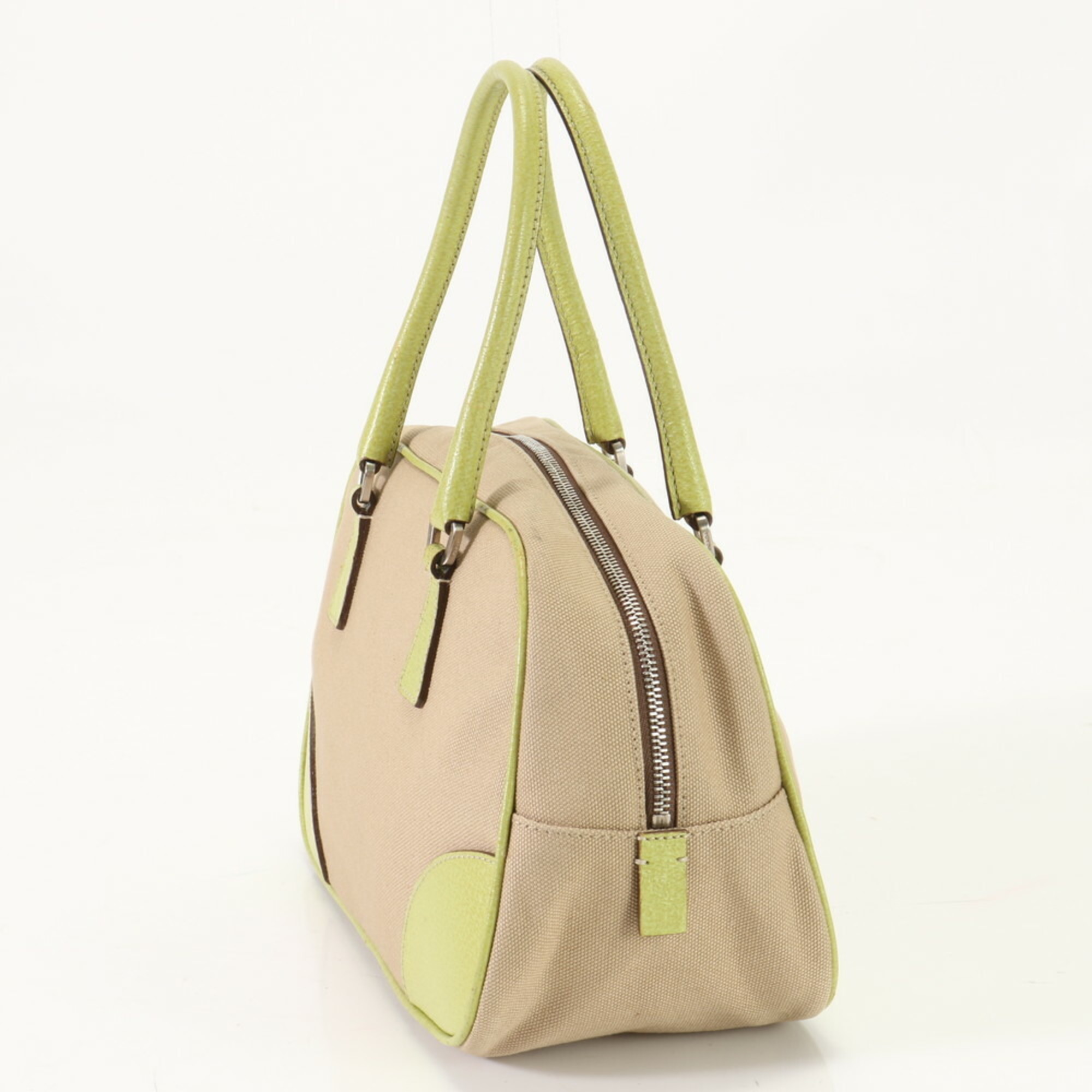 Prada Boston Leather Canvas Handbag Tote Bag Beige Green Yellow Women's