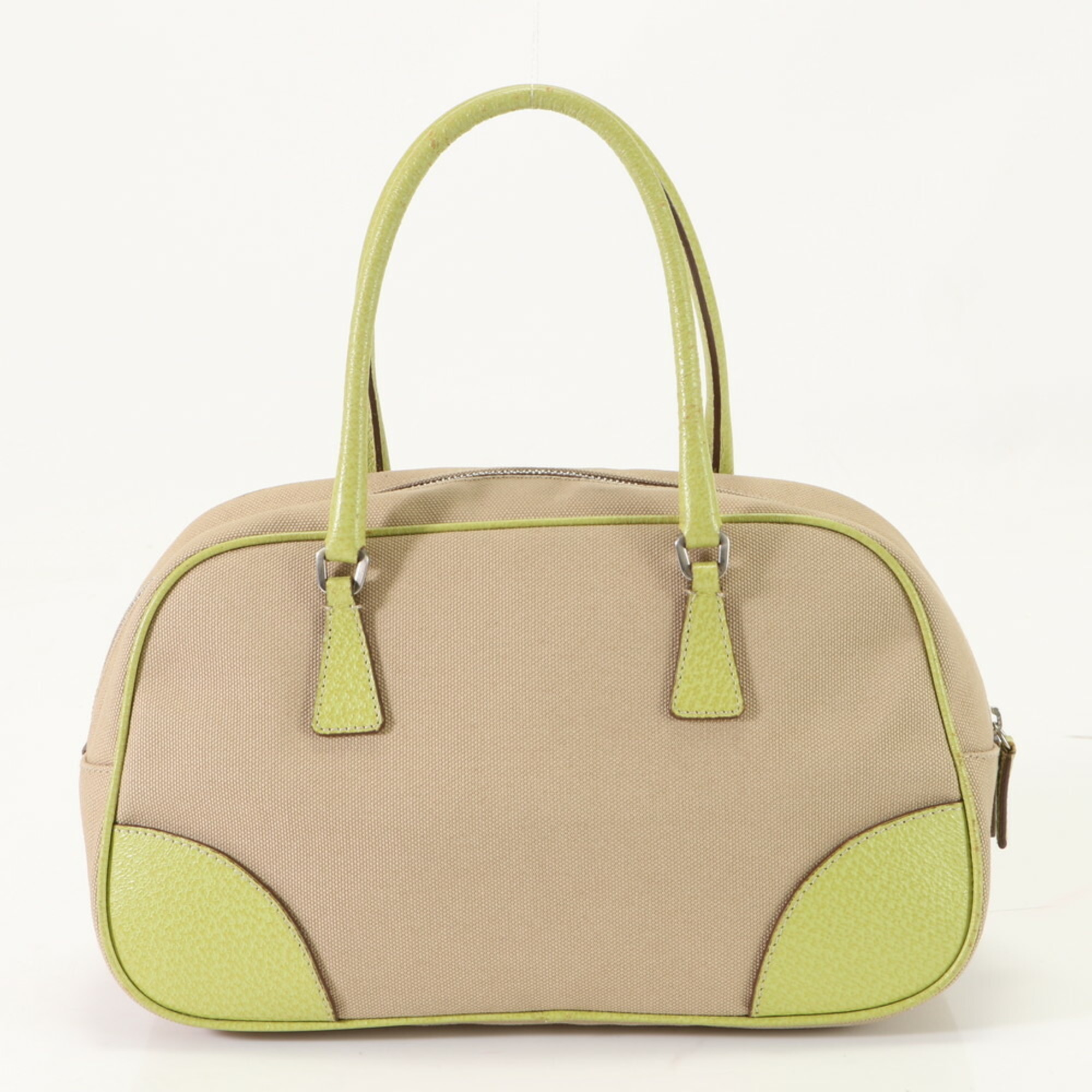 Prada Boston Leather Canvas Handbag Tote Bag Beige Green Yellow Women's