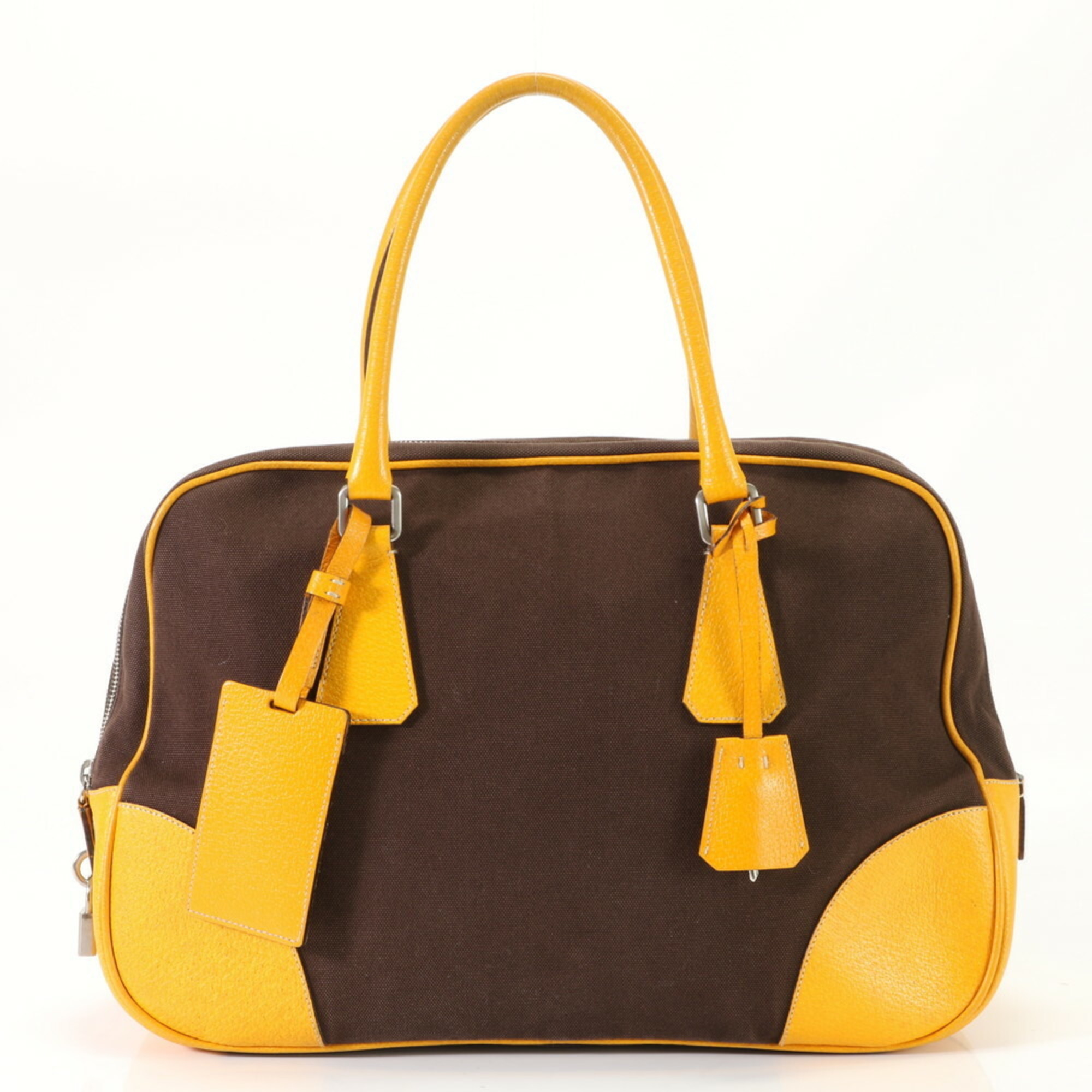 Prada Boston Canvas Shoulder Bag Tote Handbag Brown Yellow Leather Women's