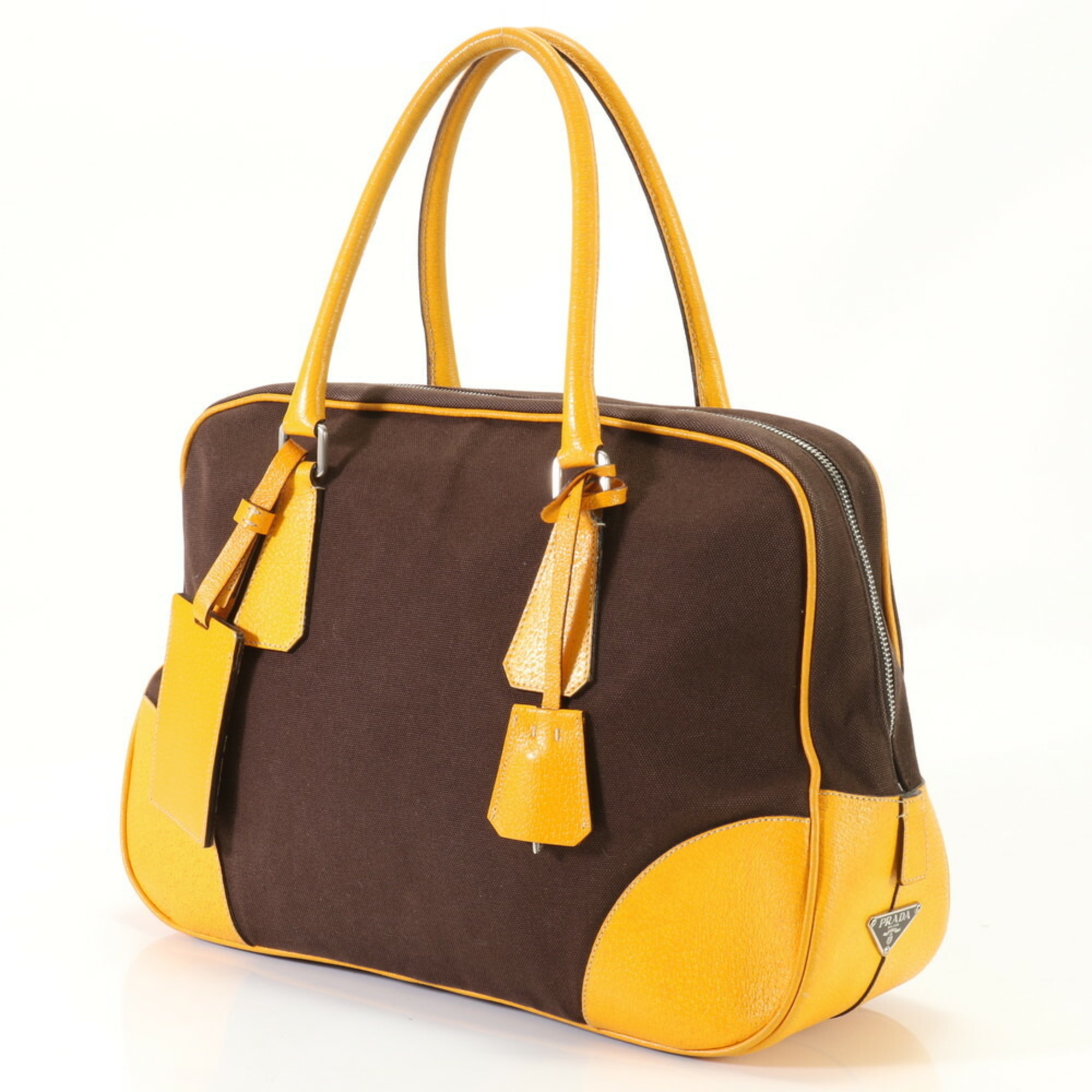 Prada Boston Canvas Shoulder Bag Tote Handbag Brown Yellow Leather Women's