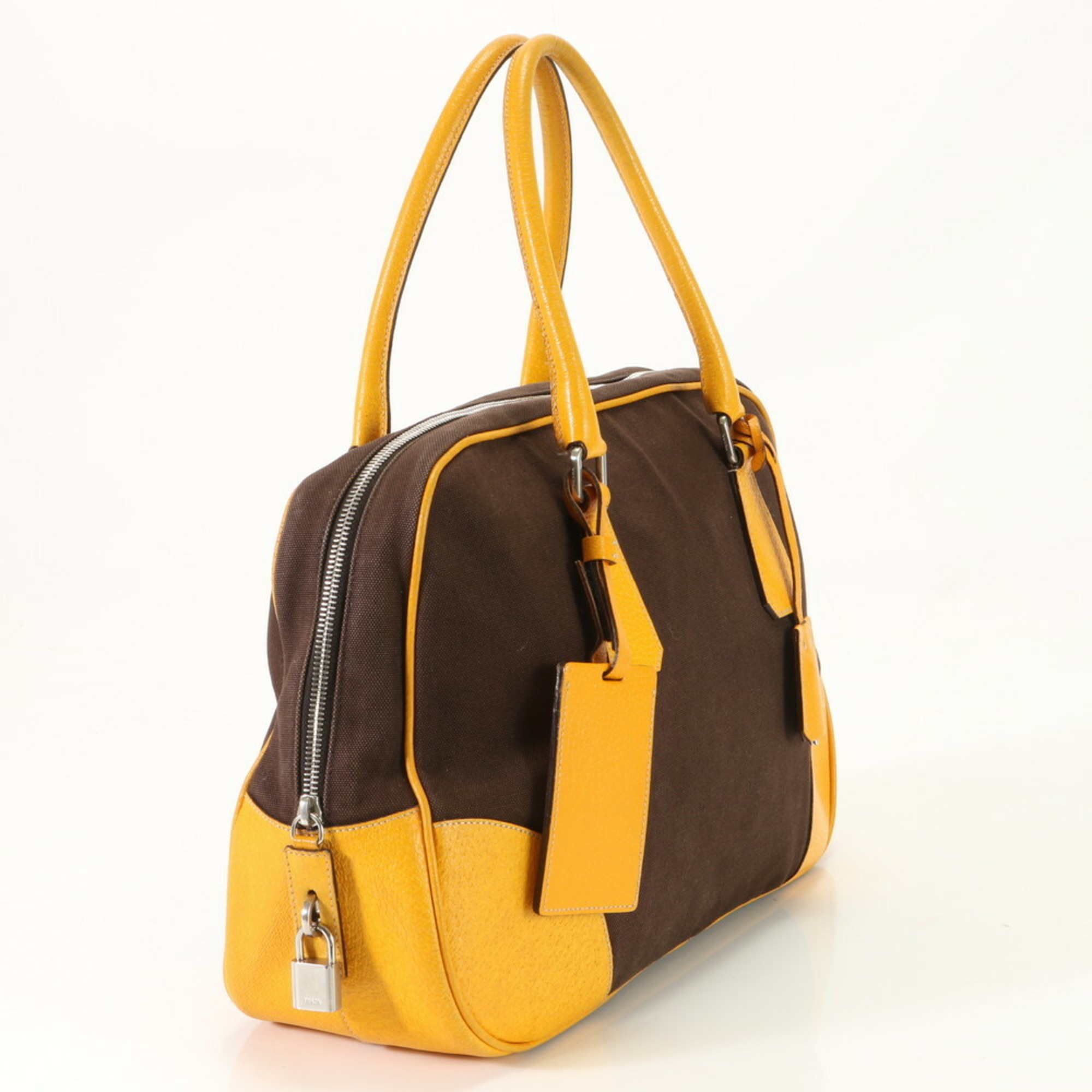 Prada Boston Canvas Shoulder Bag Tote Handbag Brown Yellow Leather Women's