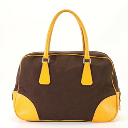 Prada Boston Canvas Shoulder Bag Tote Handbag Brown Yellow Leather Women's